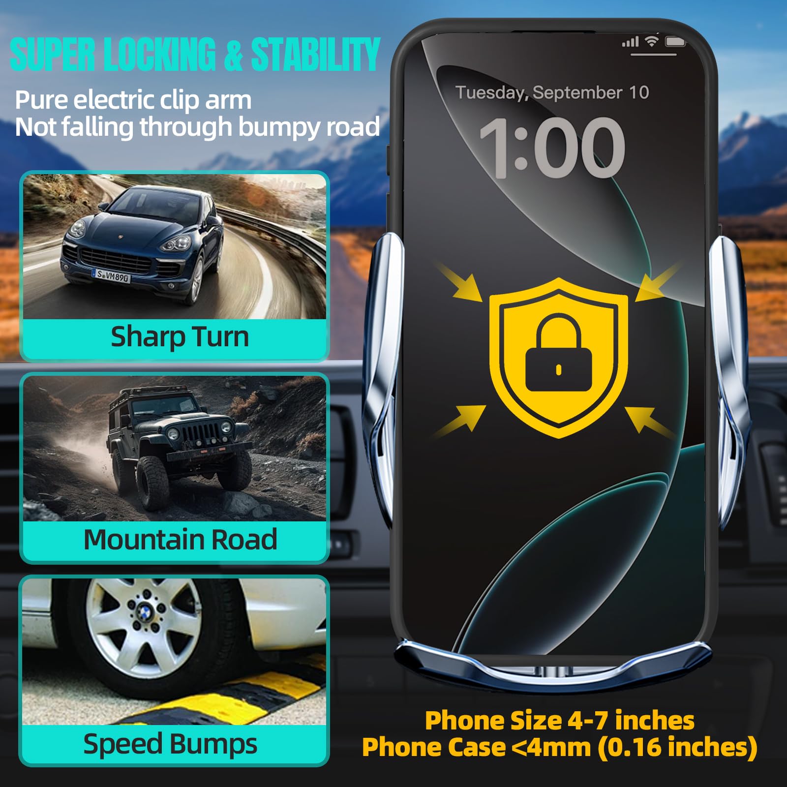 Chargeur de voiture sans fil, max 15 W, charge rapide, pince automatique, support de téléphone de détection, compatible avec iPhone 16, 15, 14, 13, 12 Pro Max, Xs X, Samsung Galaxy S24