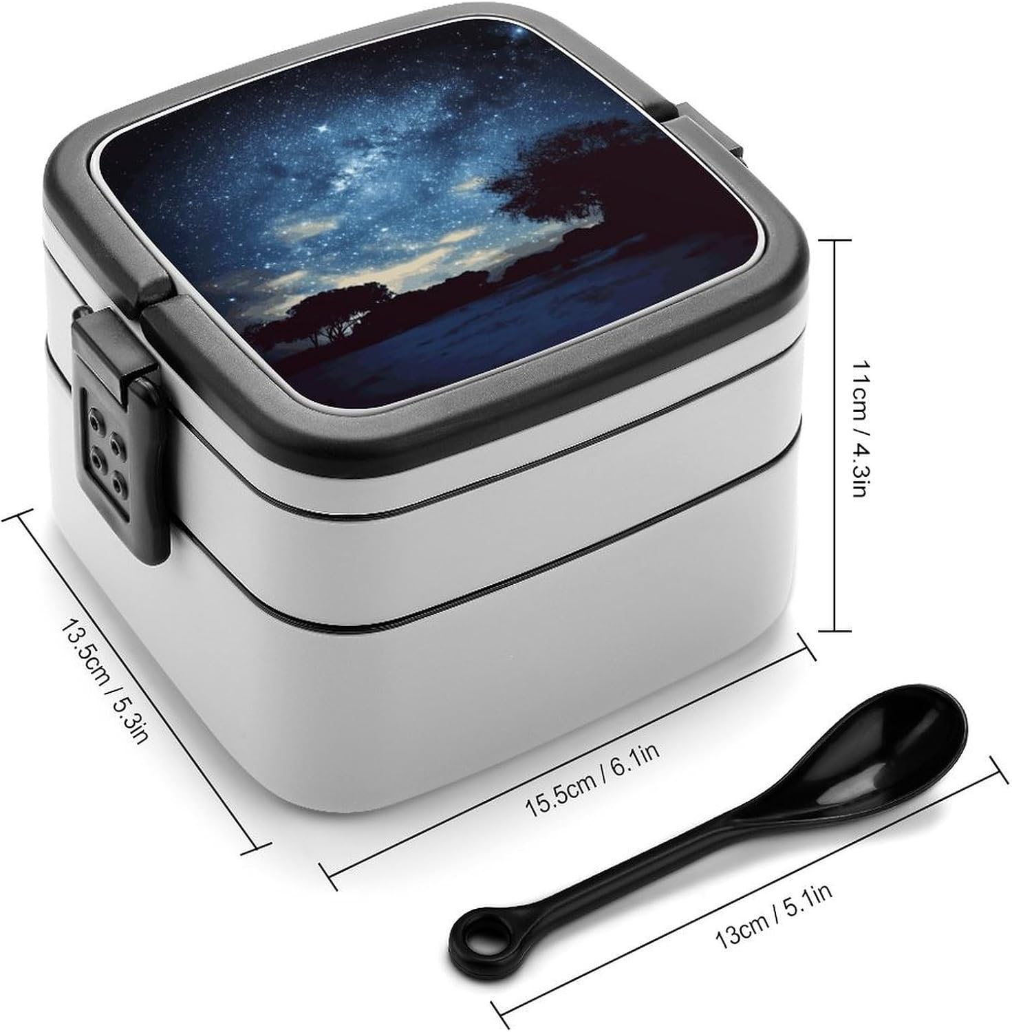 Bento Box with Spoon And Handle Night Sky with Trees Printed Stackable Bento Box Portable Bento Lunch Box Container for Work Camping And Travel