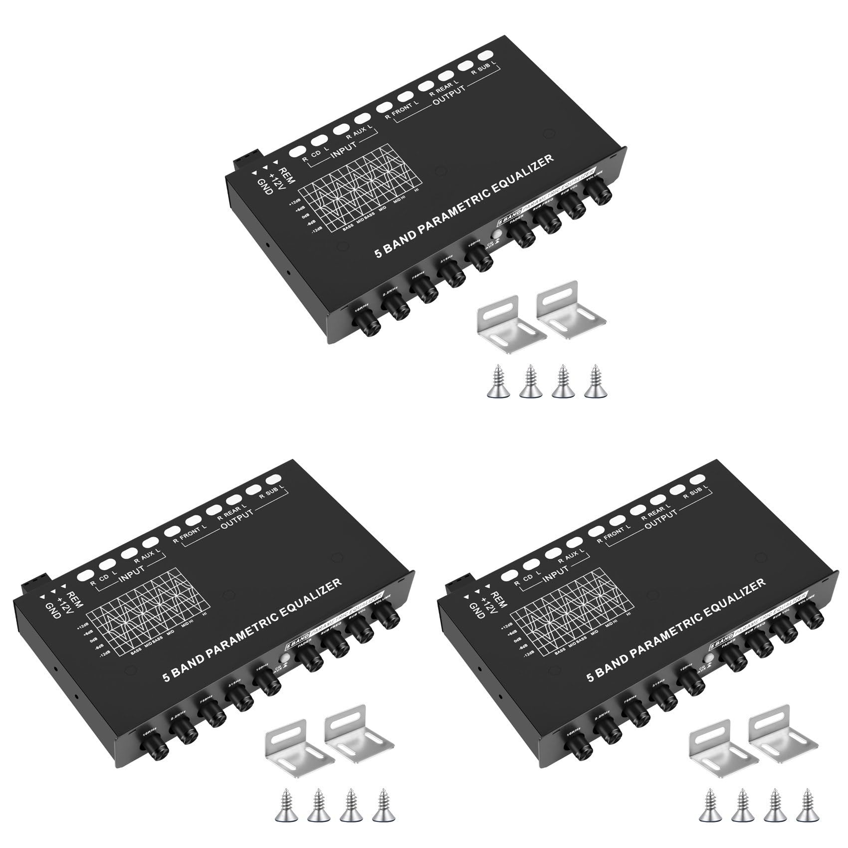 3X Ecualizador de Audio para Automóvil de 5 Bandas, Ecualizador Gráfico Ajustable para Amplificador de Automóvil EQ de 5 Bandas con Interruptor de Selección de Entrada CD/AUX,Negro