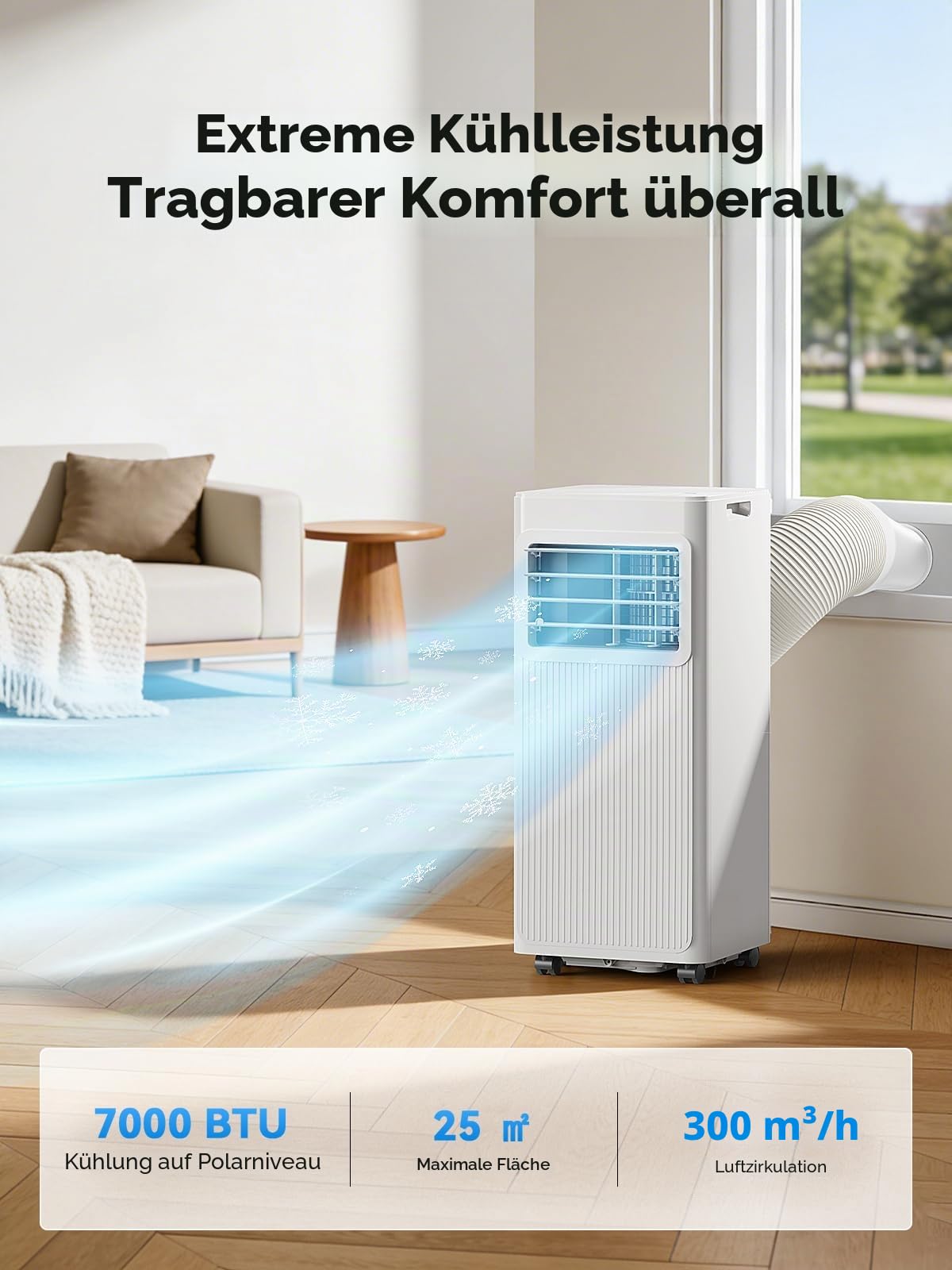 7000 BTU Mobile Klimaanlage 4-in-1, Ventilator und Luftentfeuchter, 19 l, leise mit 24-Stunden-Timer – Abluft- und Dichtungsset für Fenster – bis zu 25 m²(weiß)