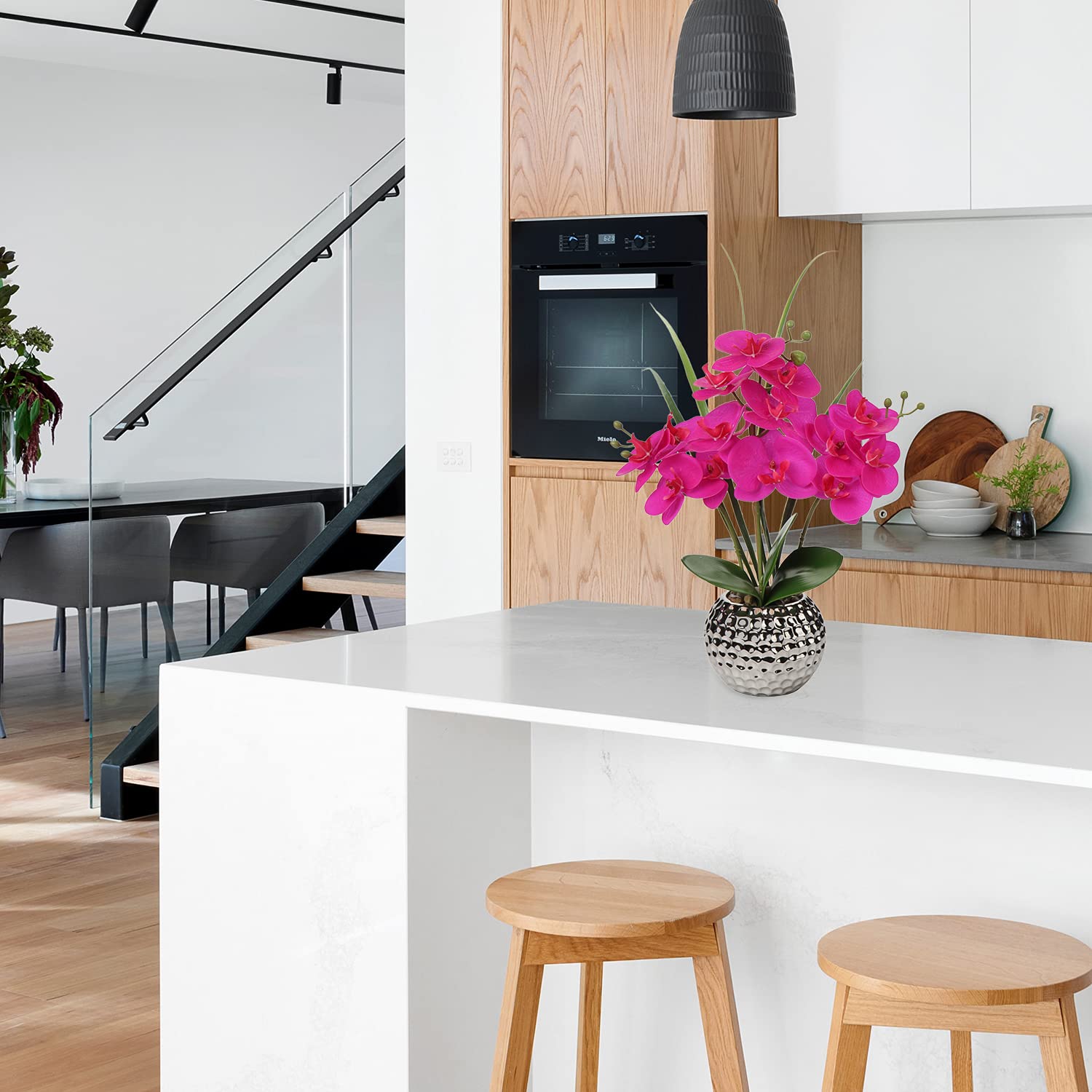 Orchidee Artificiali In Vaso - 3 Rami Con Fiori Bianchi E Viola, Decorazione Casa E Ufficio - Foto 13