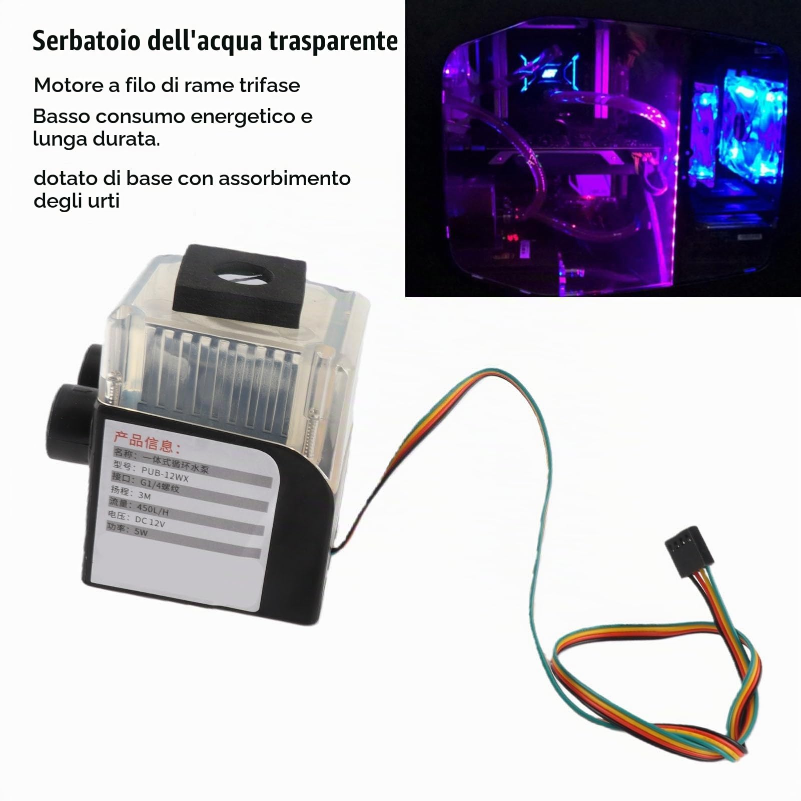 Pompa Di Raffreddamento Ad Acqua Del Computer, Pompa Di Raffreddamento Del PC Fai Da Te Ultra Silenziosa Filettatura G1/4 Connettore 12V 4 Pin 450L/H Display a Temperatura Pompa 'acqua(Nero)