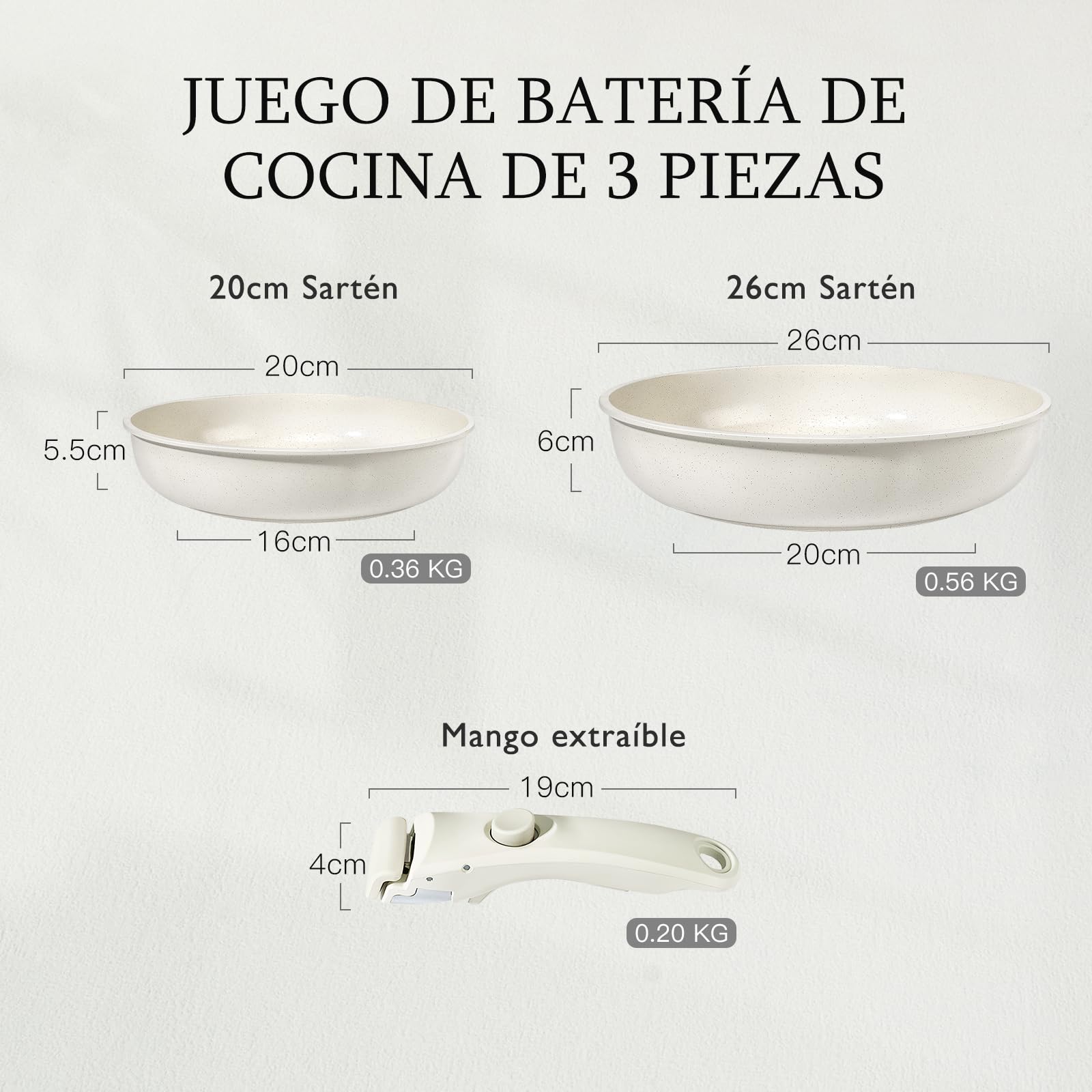 GiPP Juego de Ollas y Sartenes Cerámicas Antiadherente - Juego de Cocina con Mangos Desmontables, No Tóxico, Apto para Inducción, Horno y Lavavajillas(Blanco 3PCS)