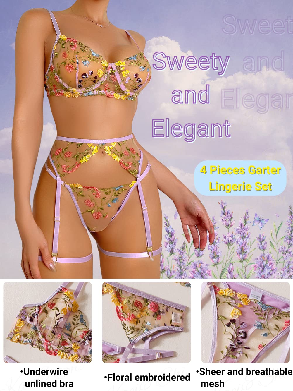 Kaei&Shi Vibrant Floral Embroidery, Underwire, Thong, Thigh Straps, Lingerie Set: 0-2 Light Purple
