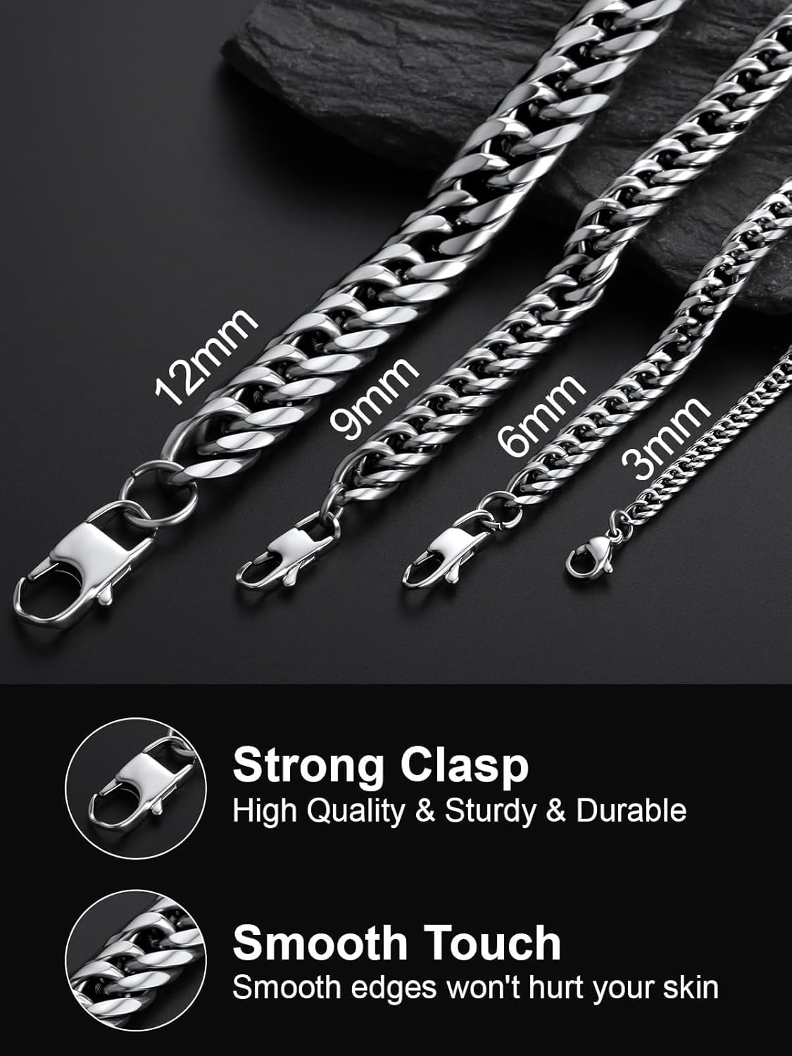 U7 Cuban Link Chain Necklace for Men, 12mm/9mm/6mm Miami Curb Chain, Stainless Steel/Black/18K Gold Plated, Hip Hop Jewelry, Heavy Duty Thick Chain Gift for Him, 18-36 Inch