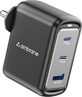 Ambrane 70W Fast Charging Adapter Gan Charger,3 Ports (2 Type C &amp; 1 USB),BIS Certified,for iPhone 16/15/14 Samsung,Type C ...