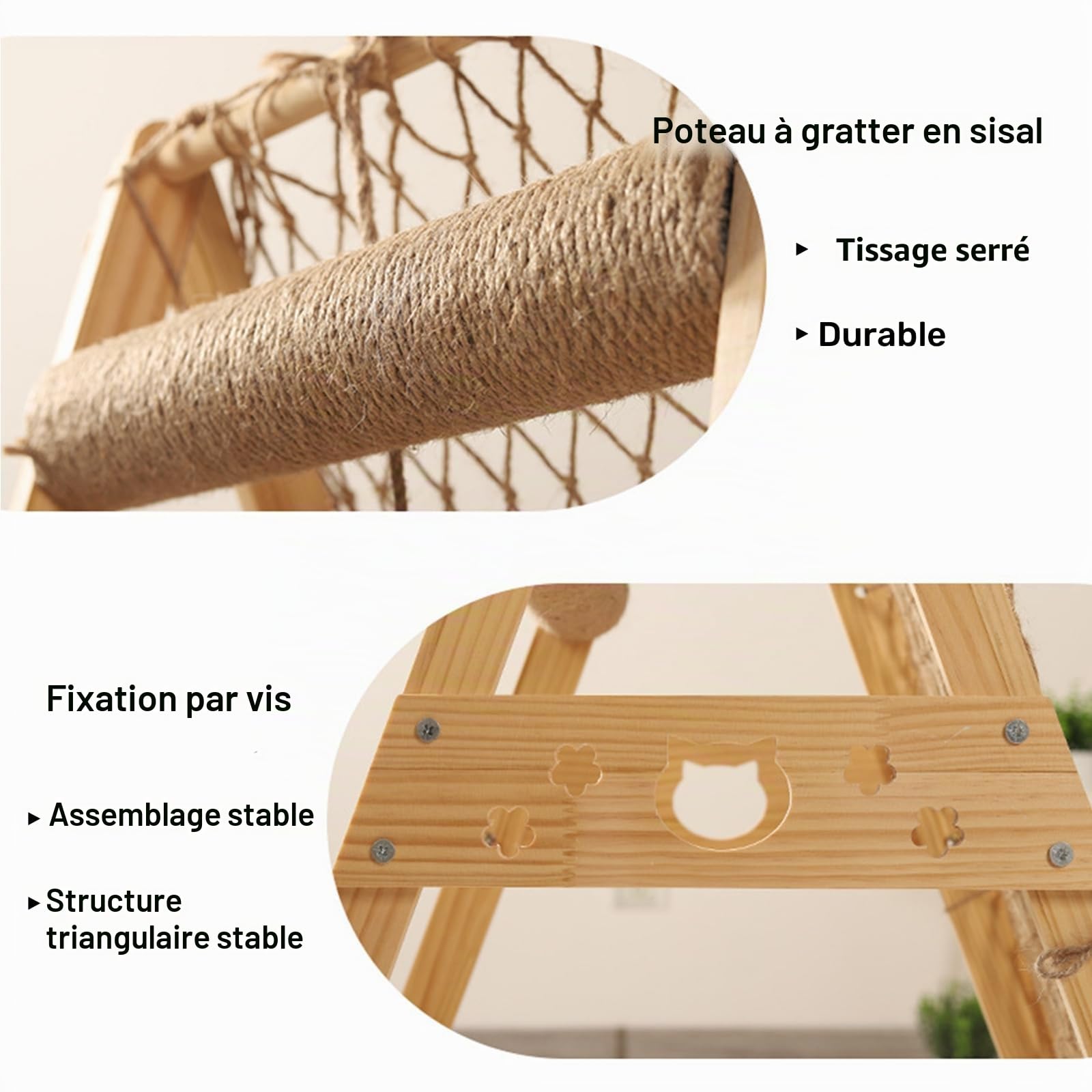 Tour à chat en bois avec filet d'escalade, griffoir en sisal et hamac – Grand arbre à chat triangulaire stable de 85,1 cm pour chats d'intérieur