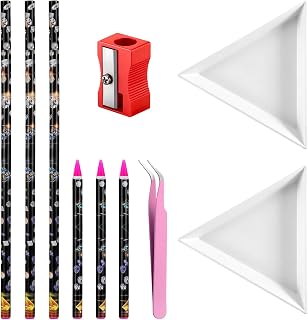 10PCS Wax Pencil for Rhinestones and Diamond, Rhinestones Picker Pencil, Self Adhesive Gem Picker Tool with Sorting Trays, Tweezers and Pencil Sharpener for Nail Art and DIY Crafts