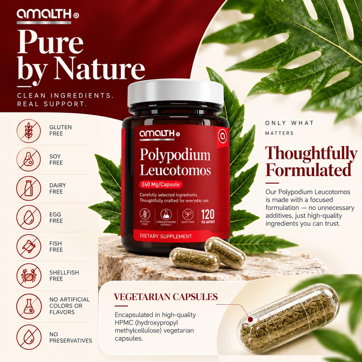 AMALTH Polypodium Leucotomos Capsules 240 mg | Polypodium Leucotomos Extract Supplement | Skin Support & Antioxidant Formula | Sun Support Herbal Supplement | Plant Based | Non-GMO | 120 Veg Capsules — Amazon image 3
