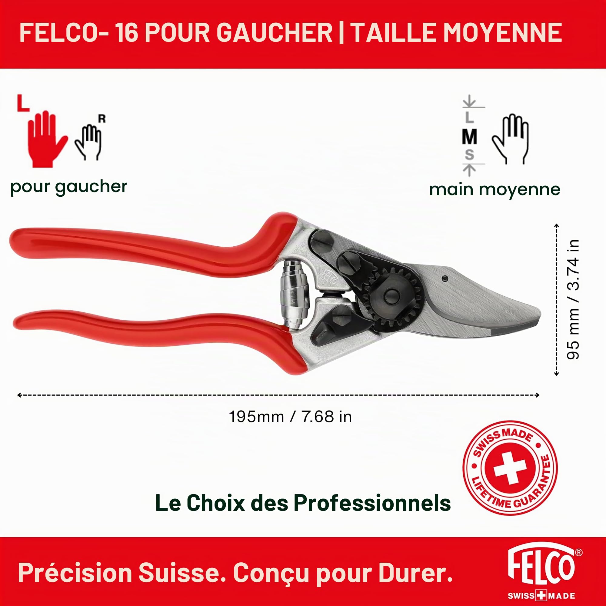 FELCO 16 sécateur gaucher main moyenne pour le jardin, coupe 20 mm