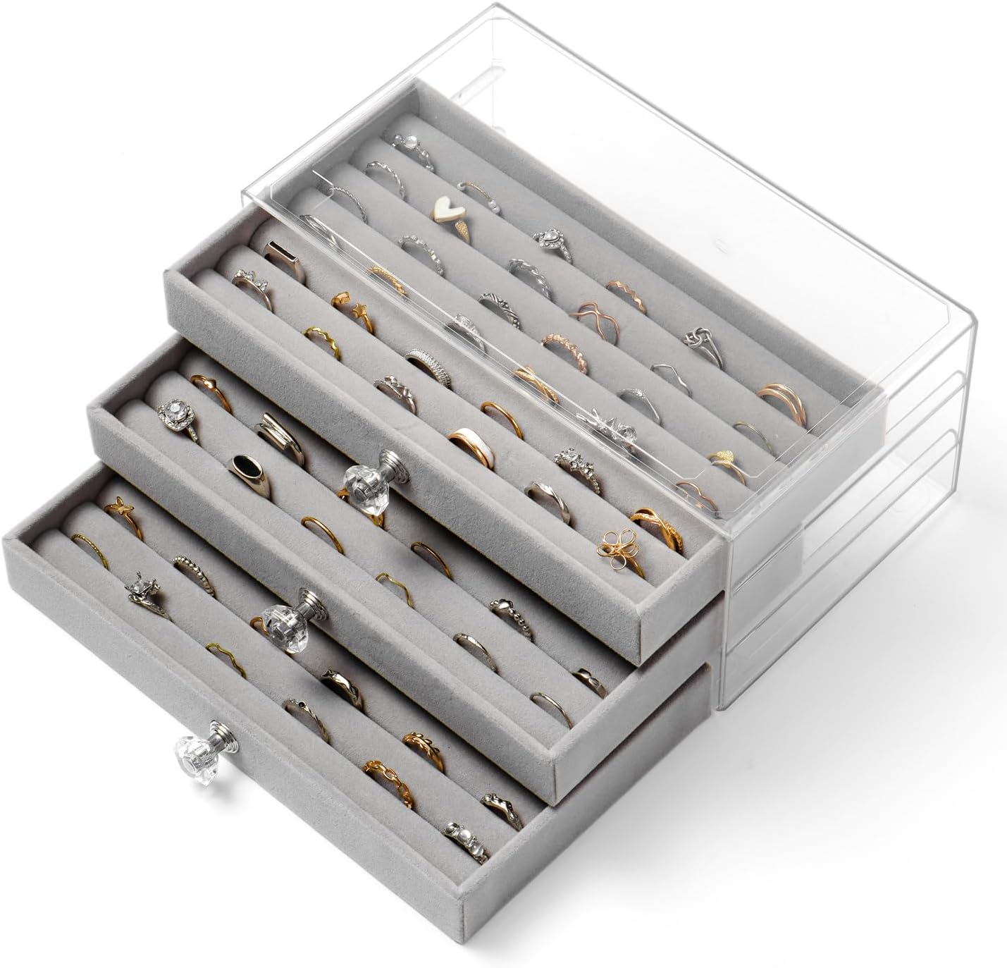 Ring Organizer Storage Box with 3 Drawers, Clear Acrylic 3-Layer Velvet Jewelry Display Case for Women (Gray)