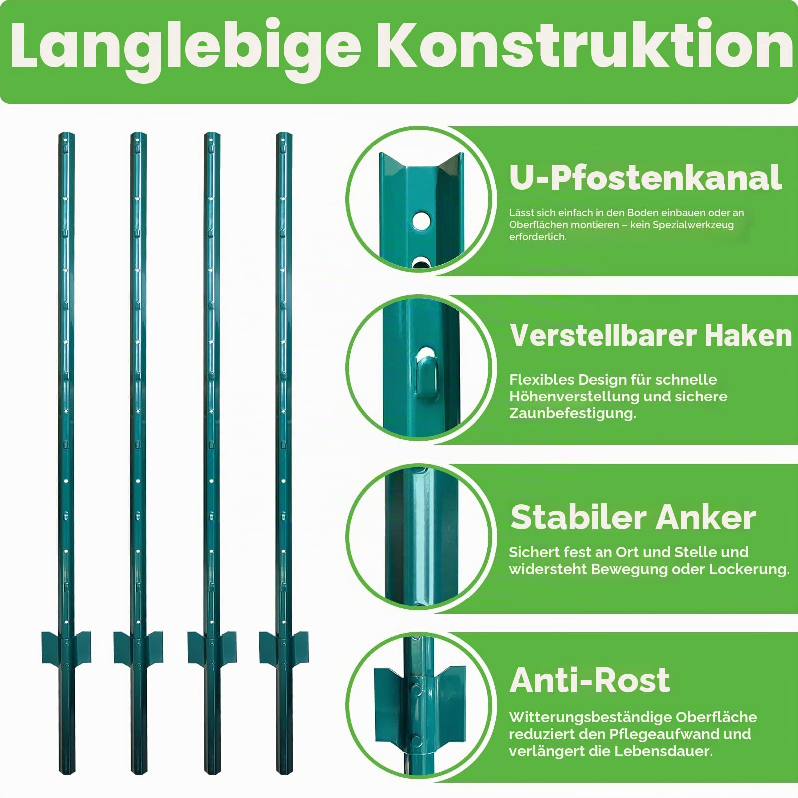 Thealyn U-Pfosten Set 10 Stück 121 cm für Gartenzäune Zaunpfosten, Robuste Metallpfosten Stahl für Hühnerställe, Gärten, Gärtnereien