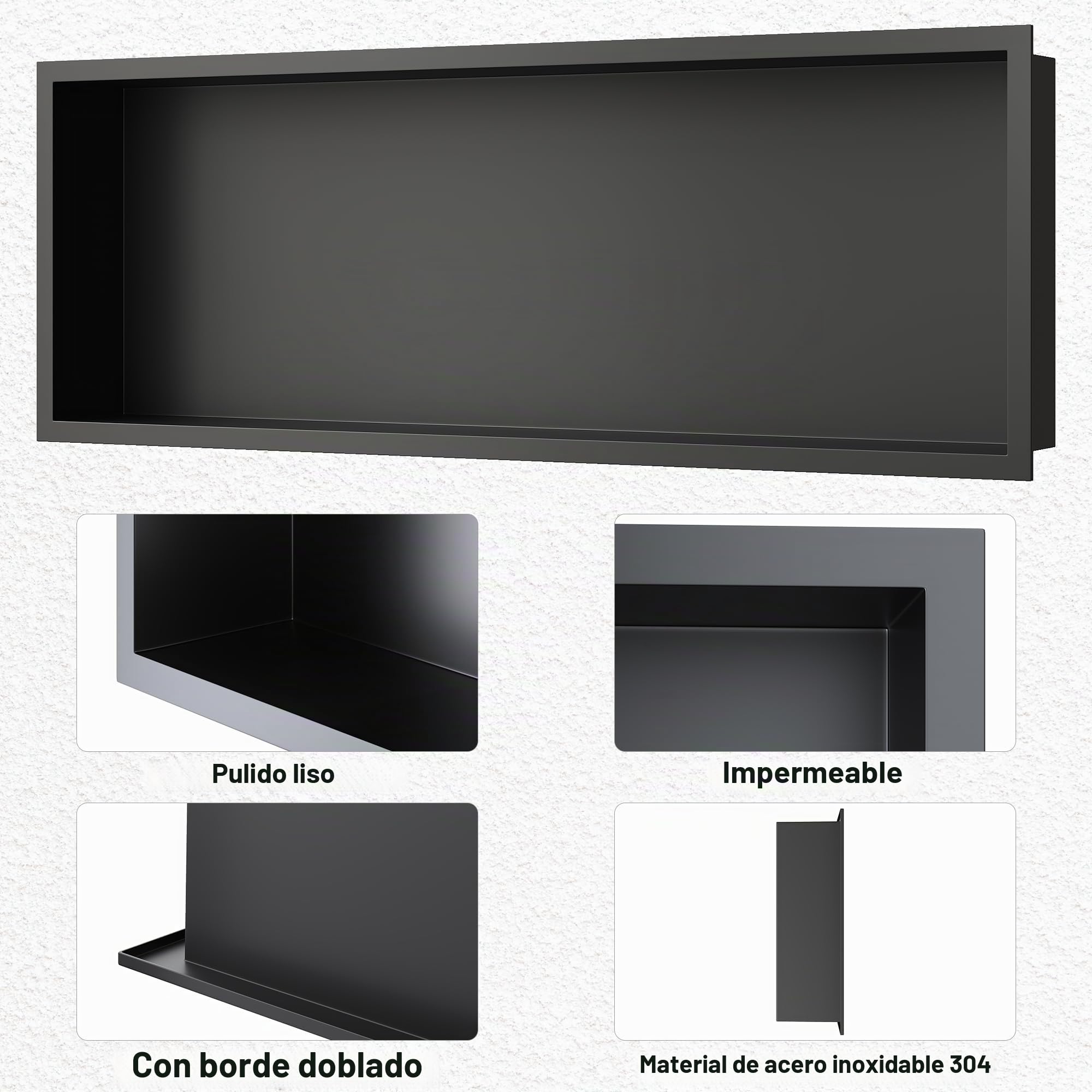 Sonni - Ducha de acero inoxidable, ducha empotrada, estante de almacenamiento individual para baño, impermeable, no requiere azulejos, 90 x 30 x 10 cm, negro, GNF90