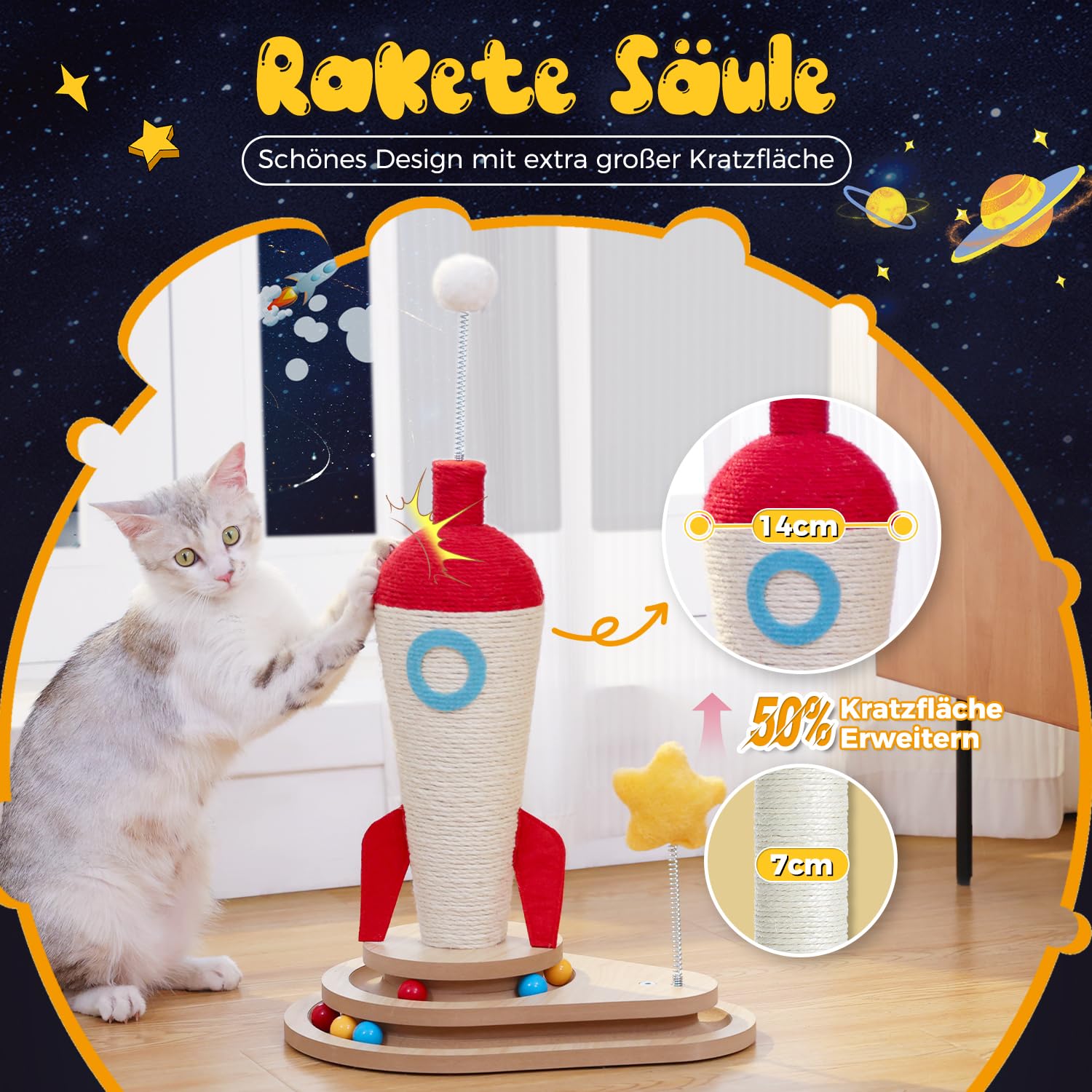 PETEPELA Rocket Design drapak dla kotów domowych, 61 cm, drapak dla kota z interaktywną zabawką dla kota, niebieski i biały