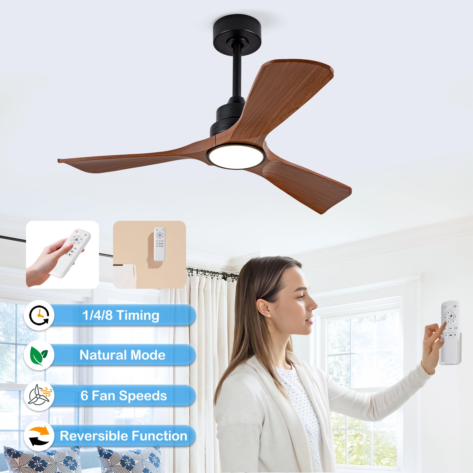 vutizal Wentylator sufitowy 107 cm z oświetleniem i pilotem zdalnego sterowania, skrzydła ABS, ściemniana dioda LED, Windcalm, cichy silnik DC, ciemny orzech, lampa wentylatora na taras