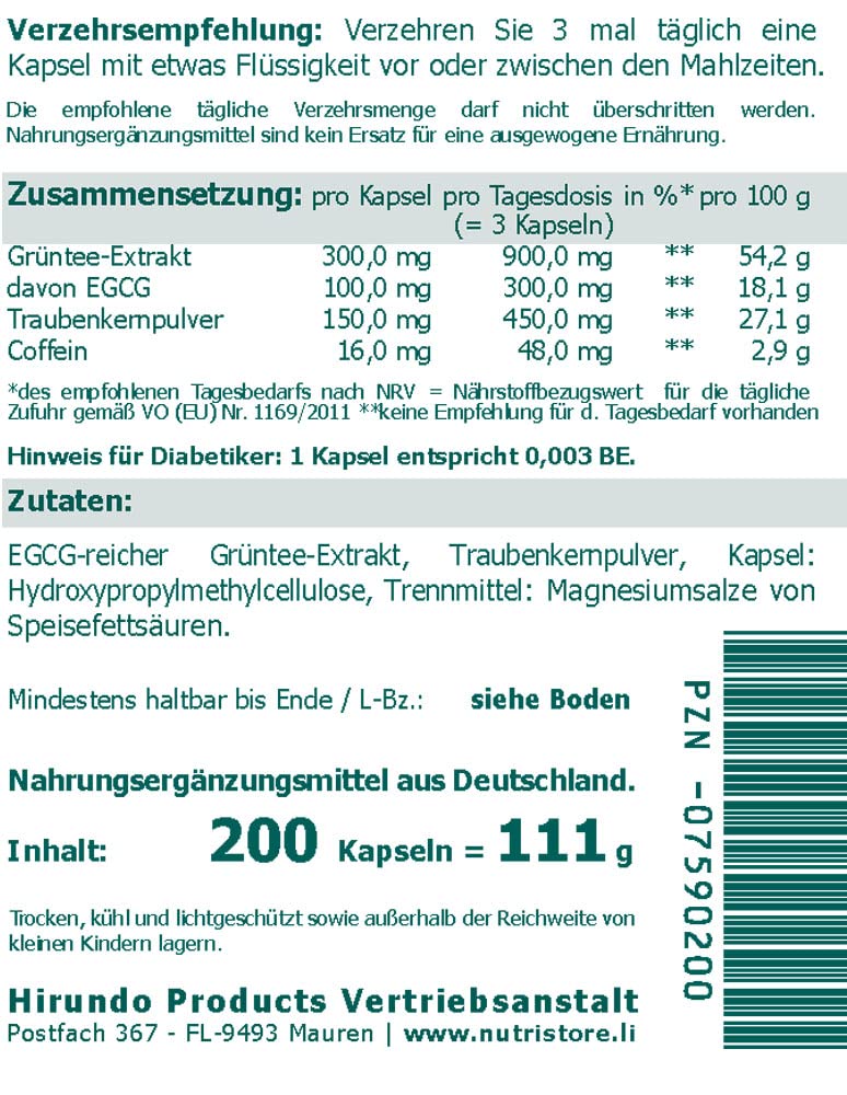 EGCG 100 mg Grüntee Extrakt plus vegane Kapsel 200 Stk. zur Versorgung mit Grüntee-Catechinen und Polyphenolen aus Traubenkernen