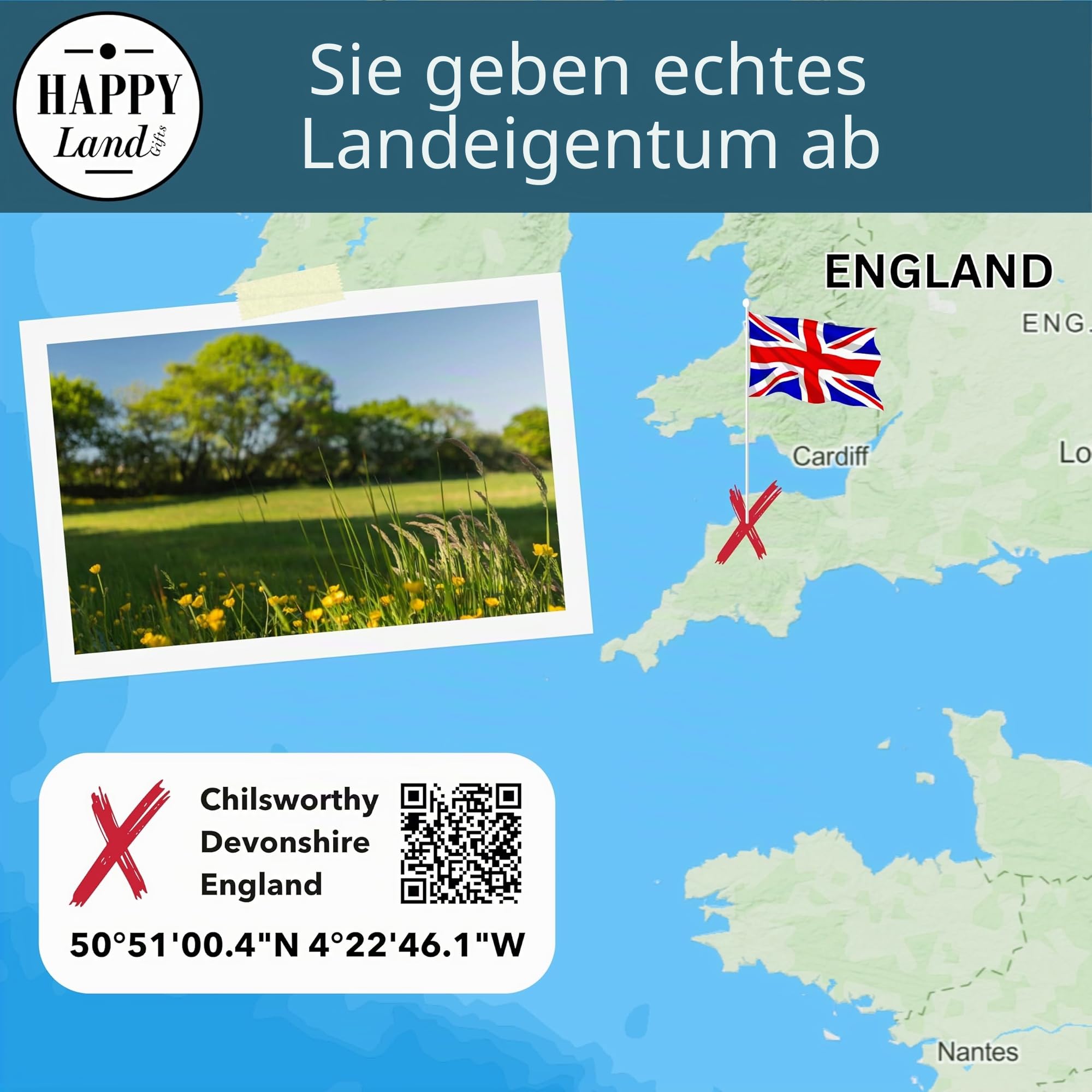 Echtes England Grundstück als einzigartiges Geschenk für UK Fans, echtes Stück England, einzigartige englische Themen-Geschenke, blanko Zertifikat zum Beschriften im Namen Ihrer Wahl