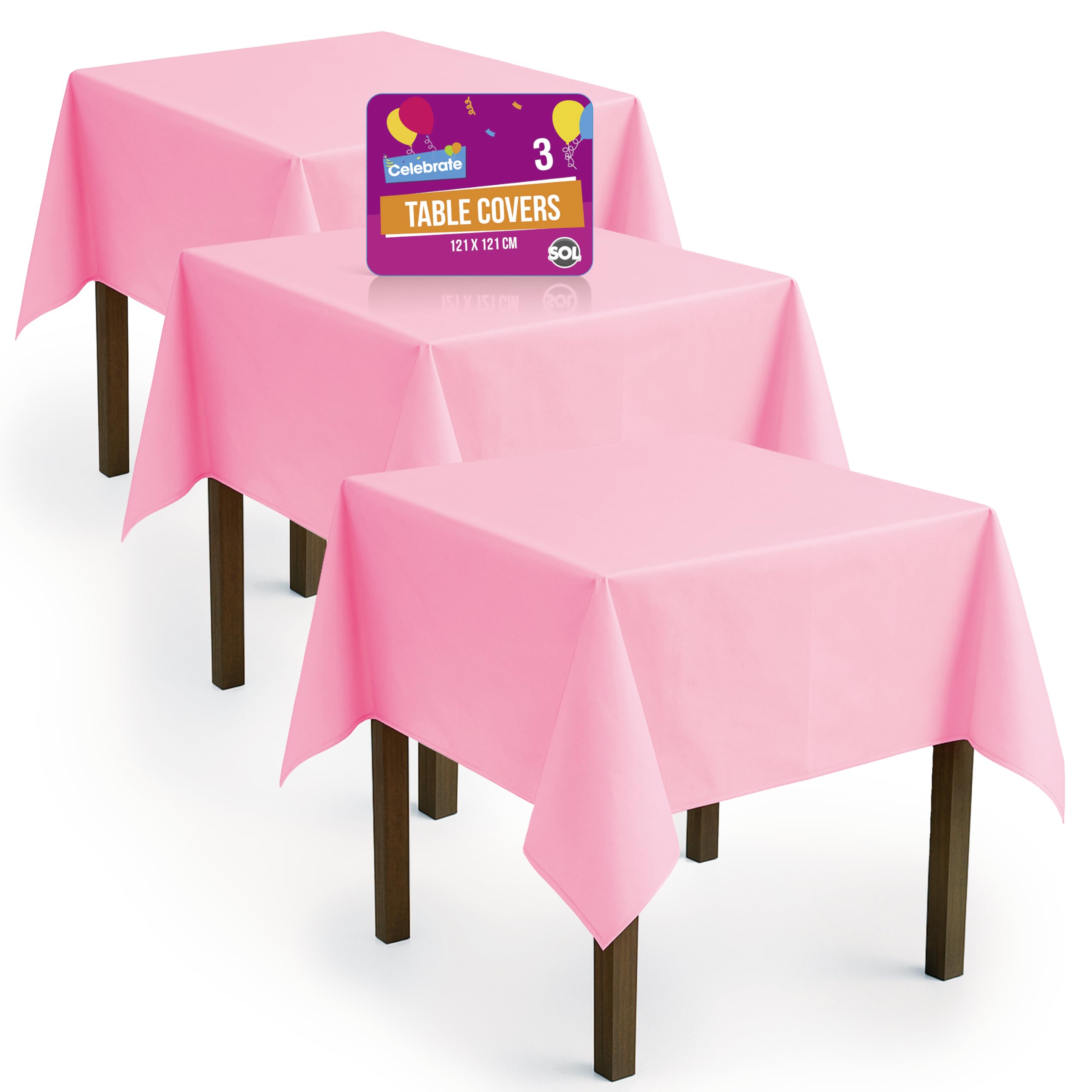 SOL 3pk Pink Table Cloths Party 121x121cm Plastic Cover Disposable for Parties - Heavy Duty Spill Protection - Opaque Design for Weddings, Buffets, Catering, Outdoor Events, Gender Reveals & More