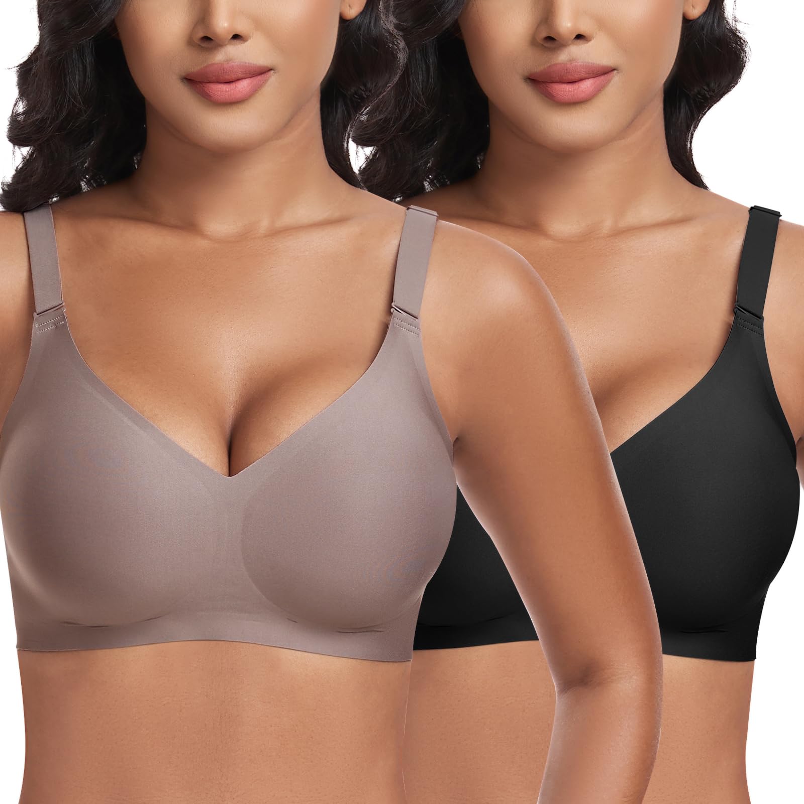Jiuday Reggiseno senza ferretto, reggiseno push up per seni grandi, tenuta forte, senza ferretto, senza ferretto, imbottito, senza ferretto, comodo, scollo a V, bralette, Nero + caffè., XL
