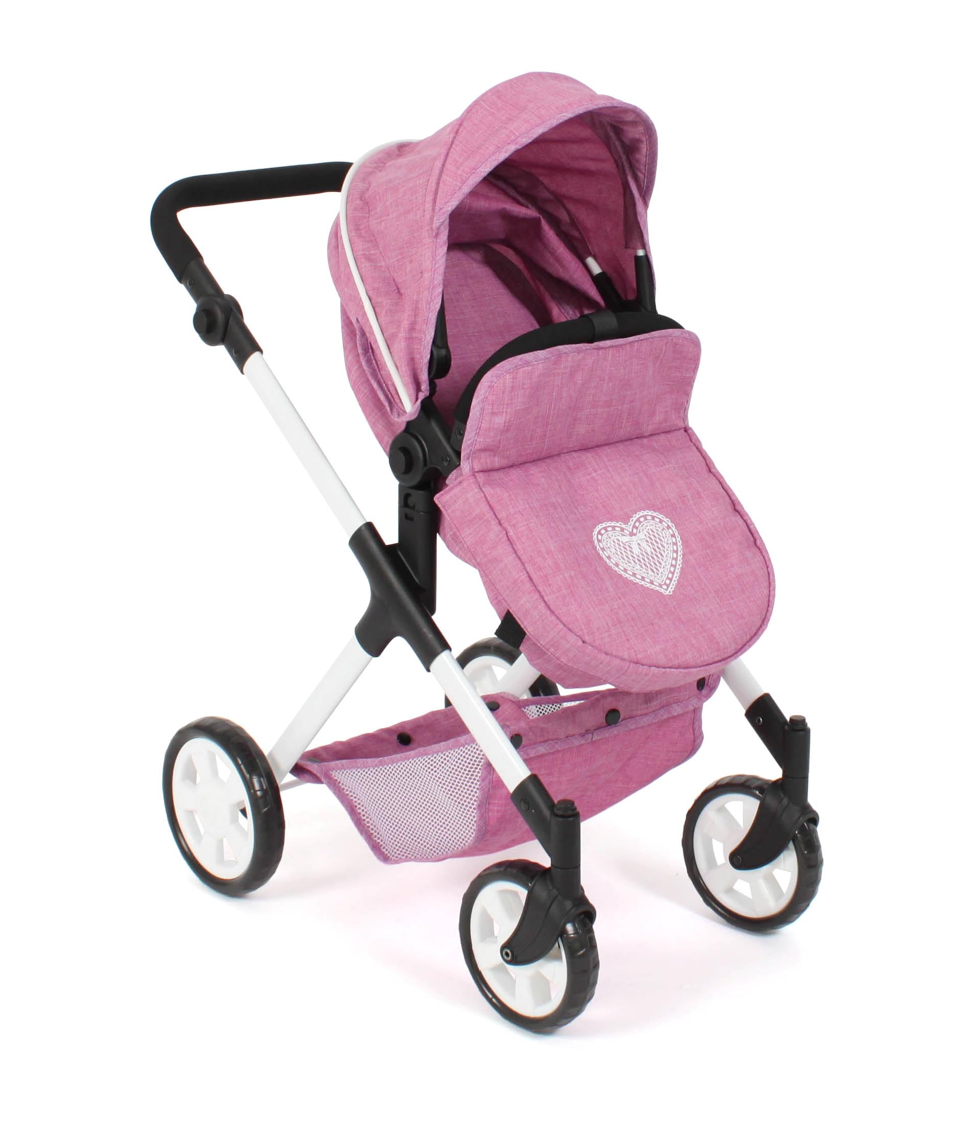 Bayer Chic 2000 2 w 1 wózek dla lalek Mila – dżinsy różowe – uchwyt z regulacją wysokości 39-72 cm – nowoczesny stelaż – lalki do 50 cm – 3-7 J.