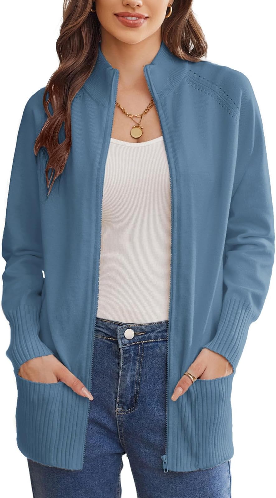 Womens Long Sleeve Zip Up Knit Cardigan with Pockets Stand Collar Full Zip Sweater Coats Trendy Fall Jackets