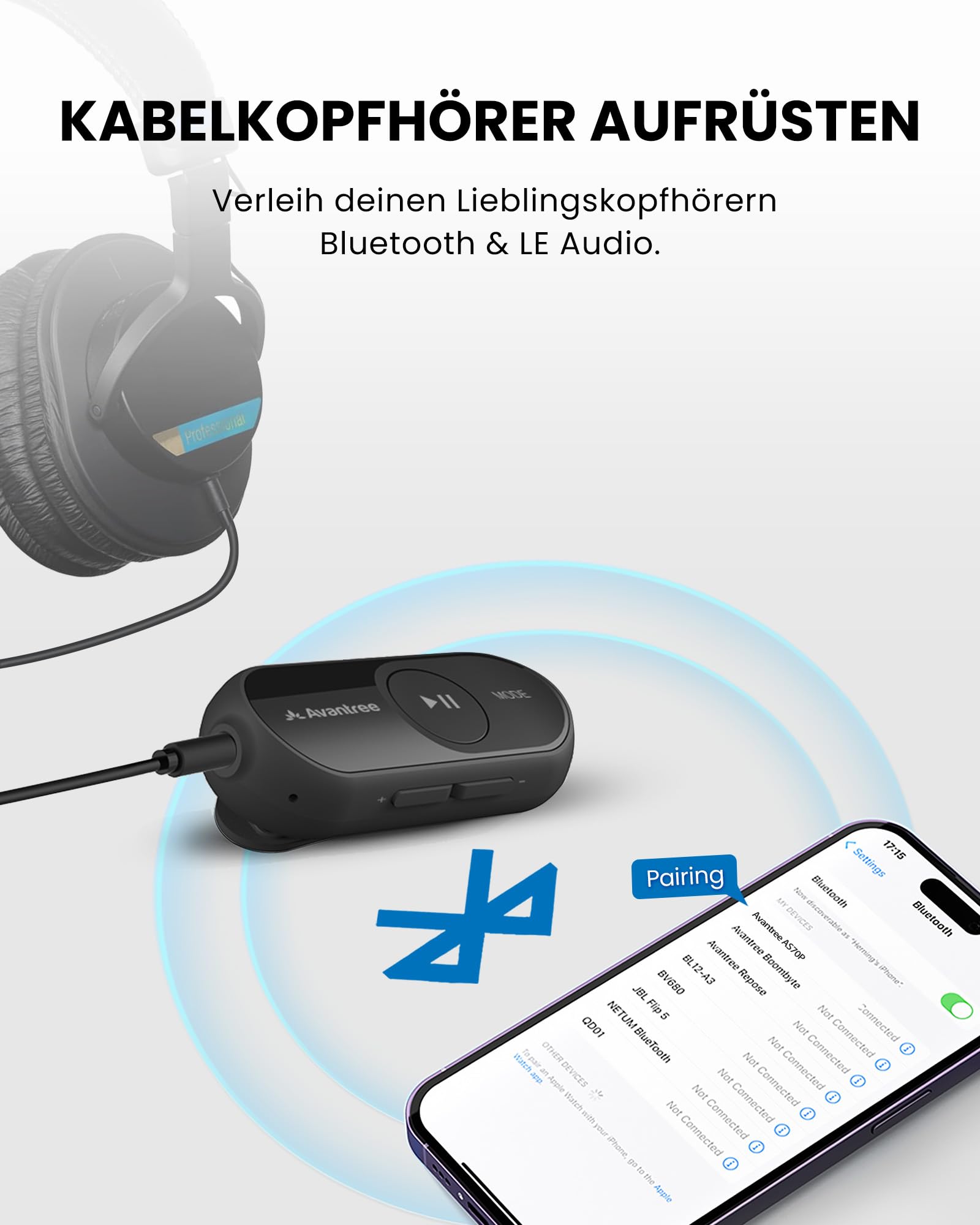 Avantree AS70P - Auracast- und Bluetooth-Empfänger mit AUX | Macht kabelgebundene Kopfhörer Auracast-fähig; LE Audio, aptX Adaptive, Qualcomm-Chip, AUX und App-Steuerung