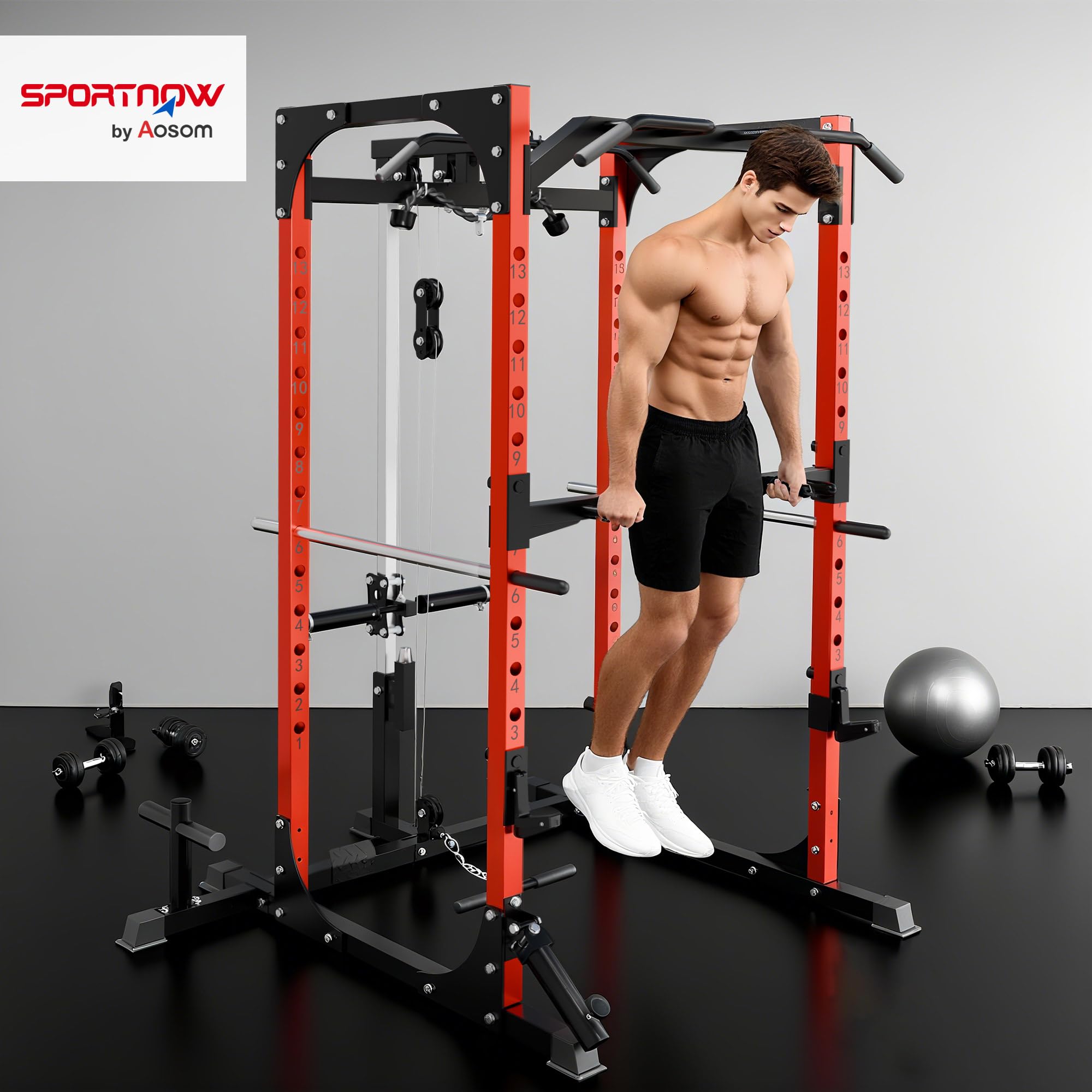 SPORTNOW Power Tower, estación de Fitness con estación de Cables, Soporte para Barras, Mancuernas y Barra de inmersión, Gimnasio Multifuncional de Acero, para Gimnasio en casa, 191x153x205 cm, Rojo y