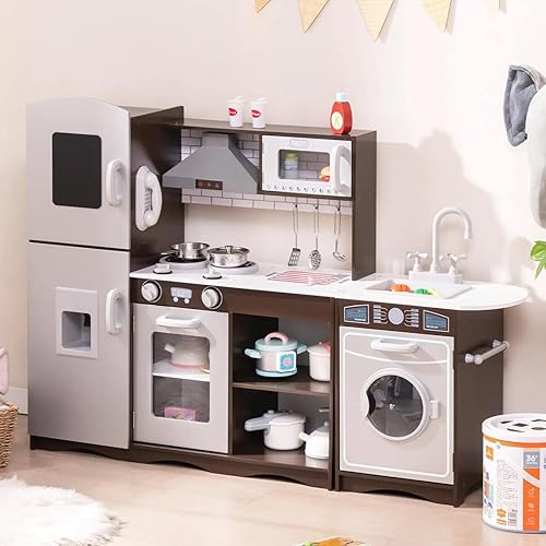 Miniatura 1 de HONEY JOY Juego de cocina para niños, cocina modular de madera de 2 piezas para niños pequeños y lavadora con fregadero, campana extractora