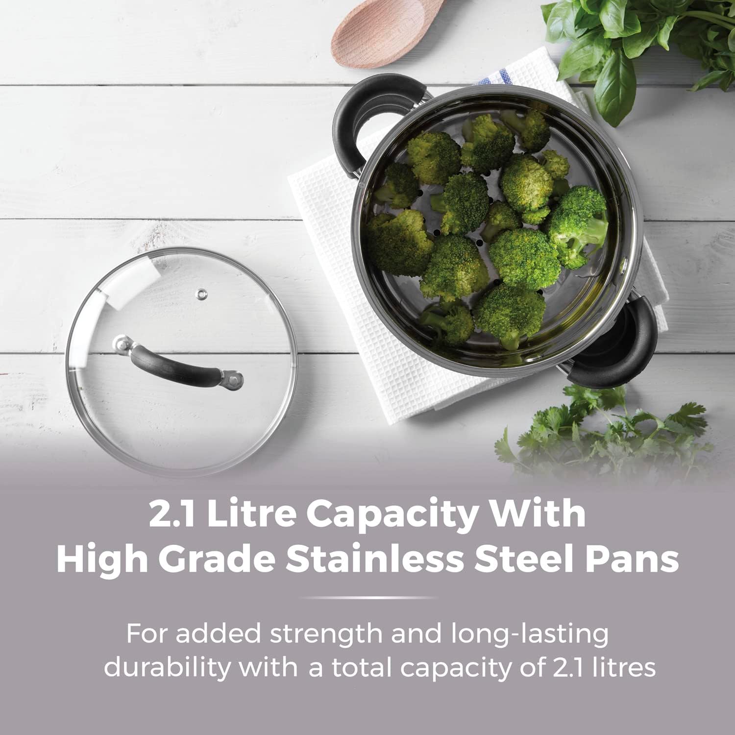 Tower Essentials 3-Tier Steamer with Glass Lid and Polished Mirror Finish, Stainless Steel, 18 cm