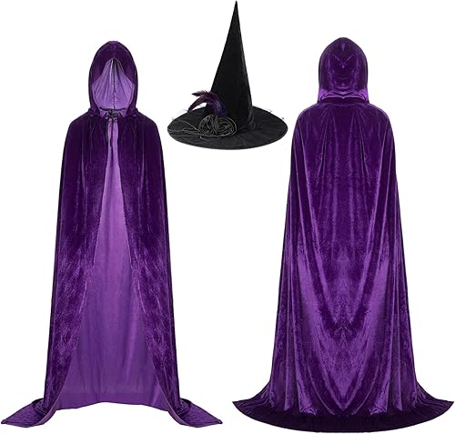Enhon Kit de capa con capucha y sombrero de bruja, capa de terciopelo para disfraz de bruja y sombrero para Halloween, disfraz renacentista y cosplay
