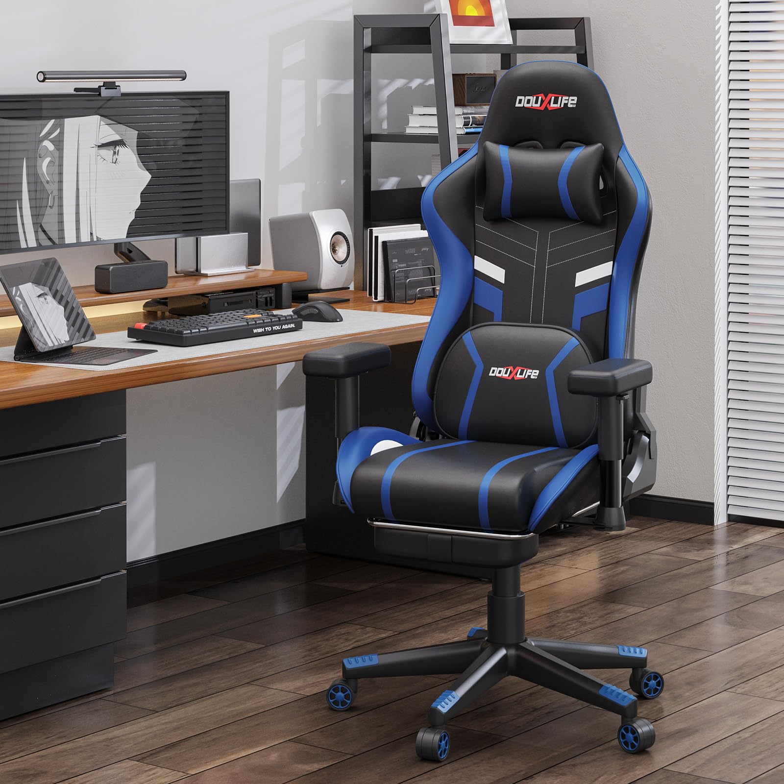Douxlife Sedia da Gaming con Massaggio a Impasto, Ergonomica Sedia da Ufficio con Riscaldamento, Poggiapiedi, Reclinabile da 90° a 175°, Braccioli 2D più Spessi, Portata 180 kg, Blu