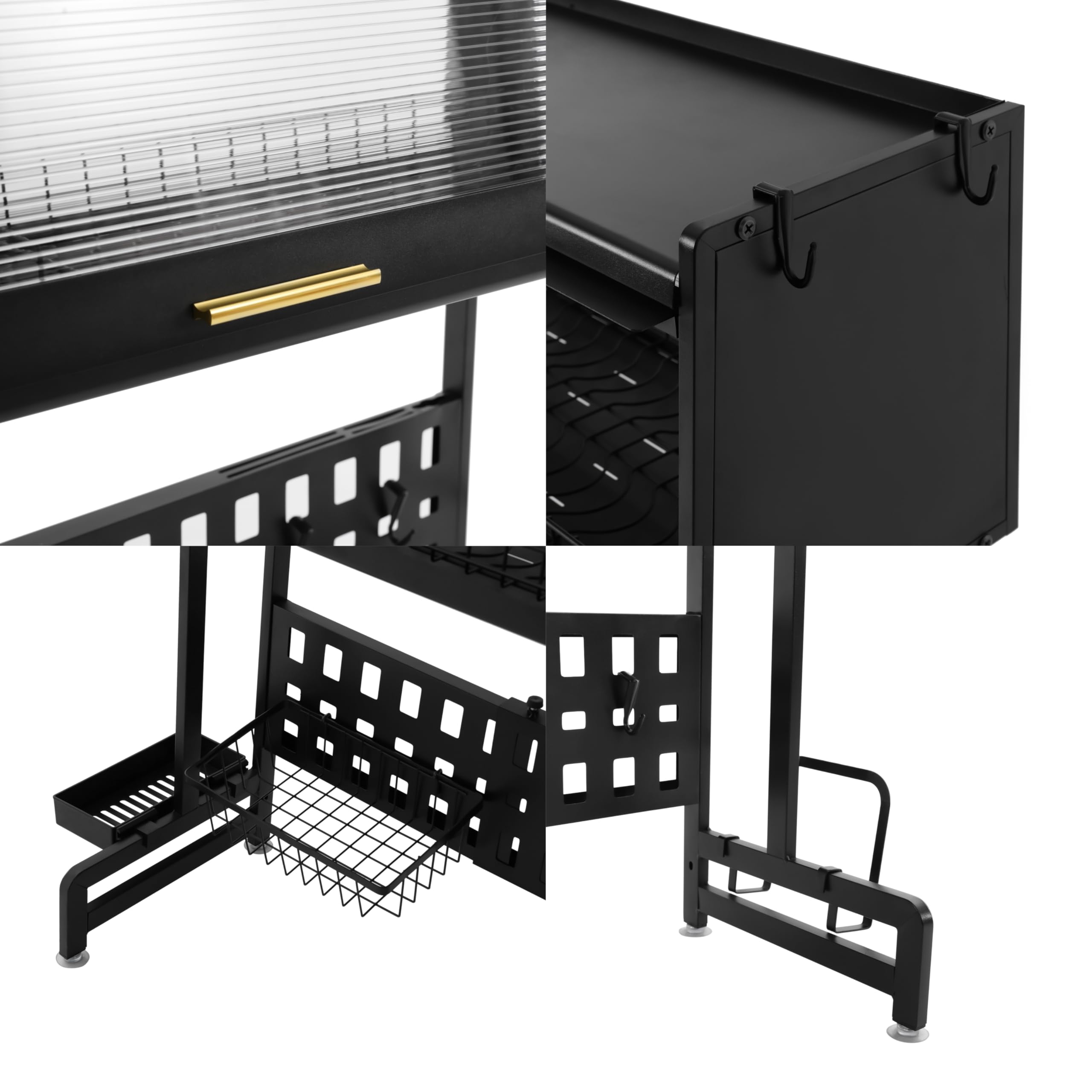 Escurreplatos de acero al carbono con soporte para utensilios, escurridor ajustable sobre el fregadero con agujeros de drenaje, soporte para platos con soporte para tabla de cortar