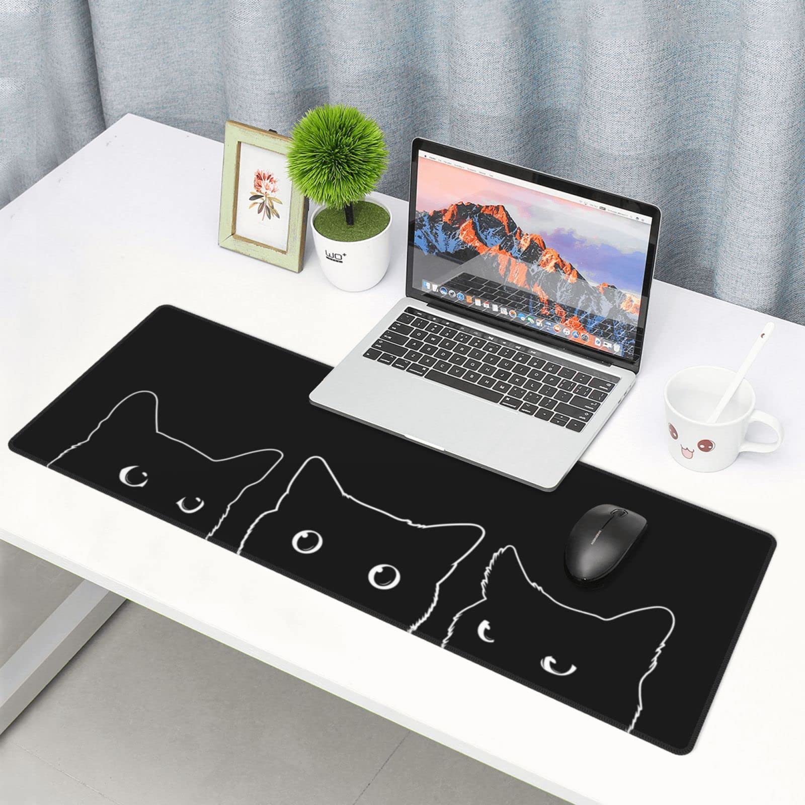 Linda alfombrilla de ratón para juegos de gato negro XXL XL grande para escritorio, almohadillas de teclado largas y extendidas, alfombrilla de goma de 31.5 x 11.8 pulgadas