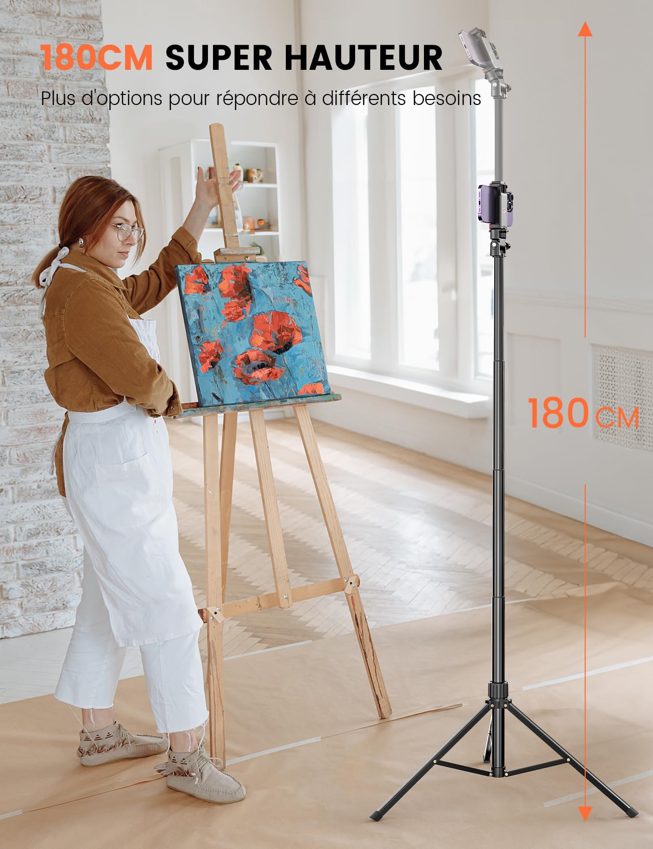 180cm Trepied Smartphone, Extensible Perche a Selfie Trepied Aluminium avec Télécommande sans Fil et Support pour Téléphone Portable, Compatible avec iPhone, Samsung, Appareil Photo et Gopro