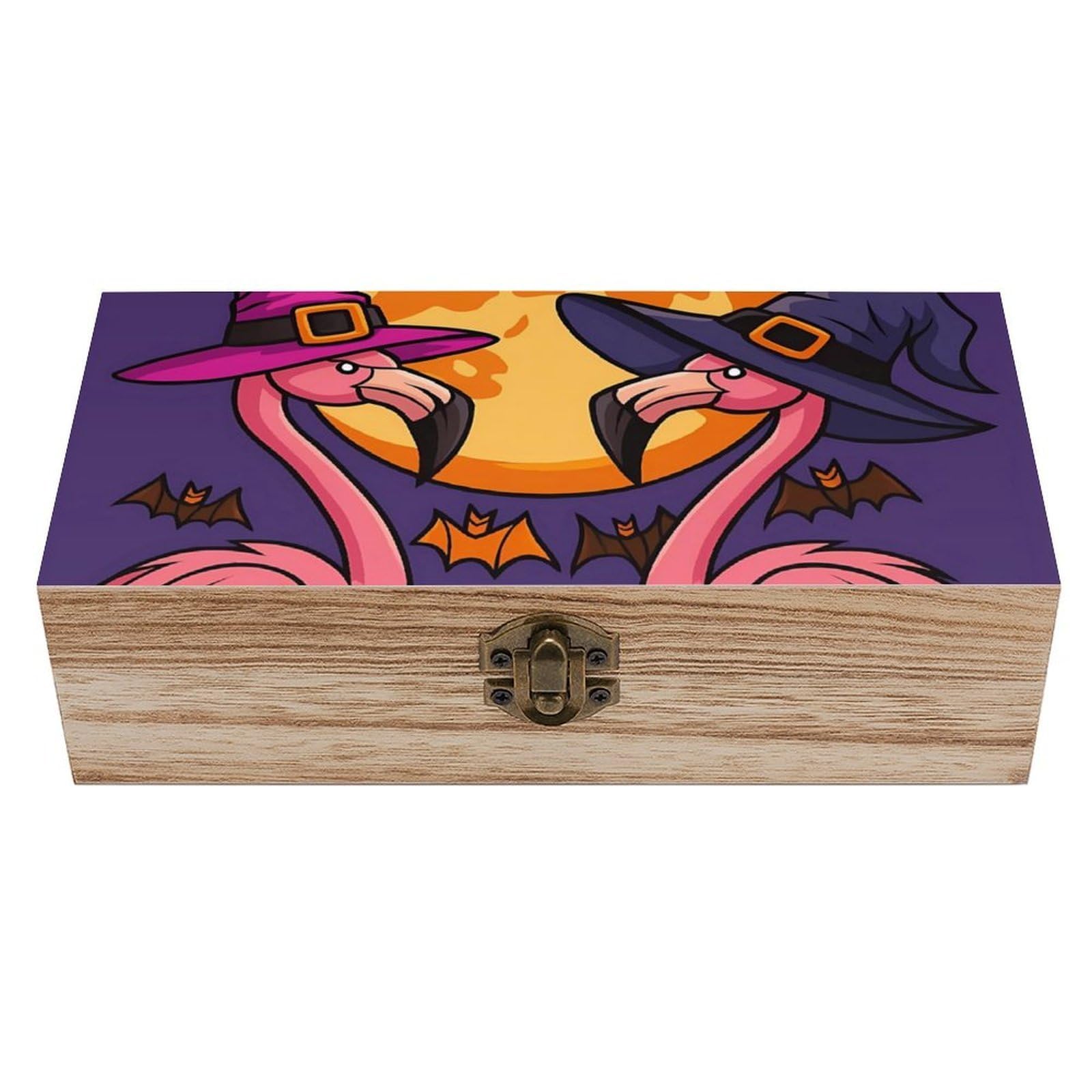 HLBSDM Halloween Pink Wizard Flamingos & Pumpkins Retro Wooden Storage Box Jewelry Art Gift Boxs Decorative Keepsake Boxes