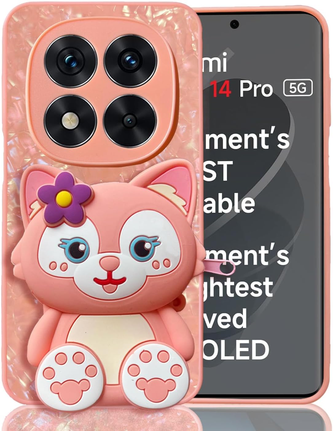 KC Back Cover for Redmi Note 14 Pro 5G - Crystals Dream Shell 3D Cartoon Baby Fox Pouch with Zipper Wallet Purse Shockproof Soft Silicone Camera Protection Case (Pink)