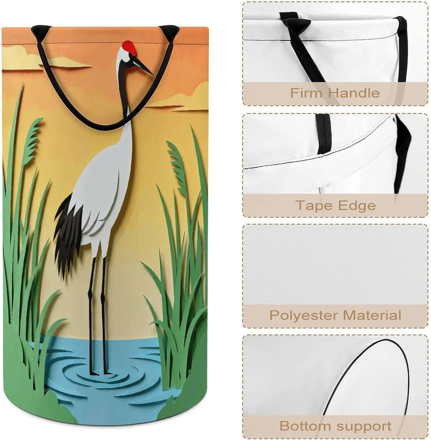 Elegant Grace of Crane Silhouette Laundry Hamper Portable Lightweight Clothes Hampers Fashion Dirty Laundry Storage Basket Large Capacity Foldable Clothes Baskets for Bathroom Bedroom