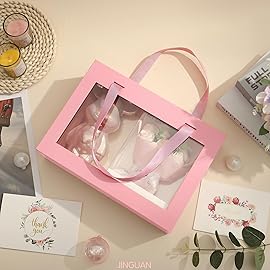 JINGUAN Pink Gift Box with Window, Clear Magnetic Gift Box with Handle for Present, Bridesmaid Proposal Box (10.5x7.5x3 Inches