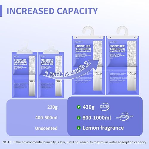 Miniatura 4 de CLEVAST Paquetes absorbentes de humedad, 15.2 onzas, paquete de 6, bolsas deshumidificadoras grandes con fragancia de limón para armario, absorbente