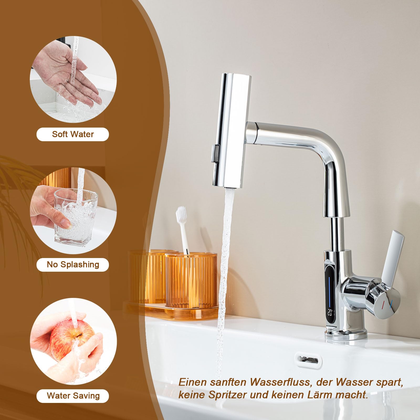 Grifo de Baño Extraible con Temperatura LED, 3 Modos de Salida Agua Cromado | Grifo Lavabo Ducha Grifos Monomando Apto Para Fregadero de Encimera, Aireador Extraíble, Agua Fría y Caliente, Cromado