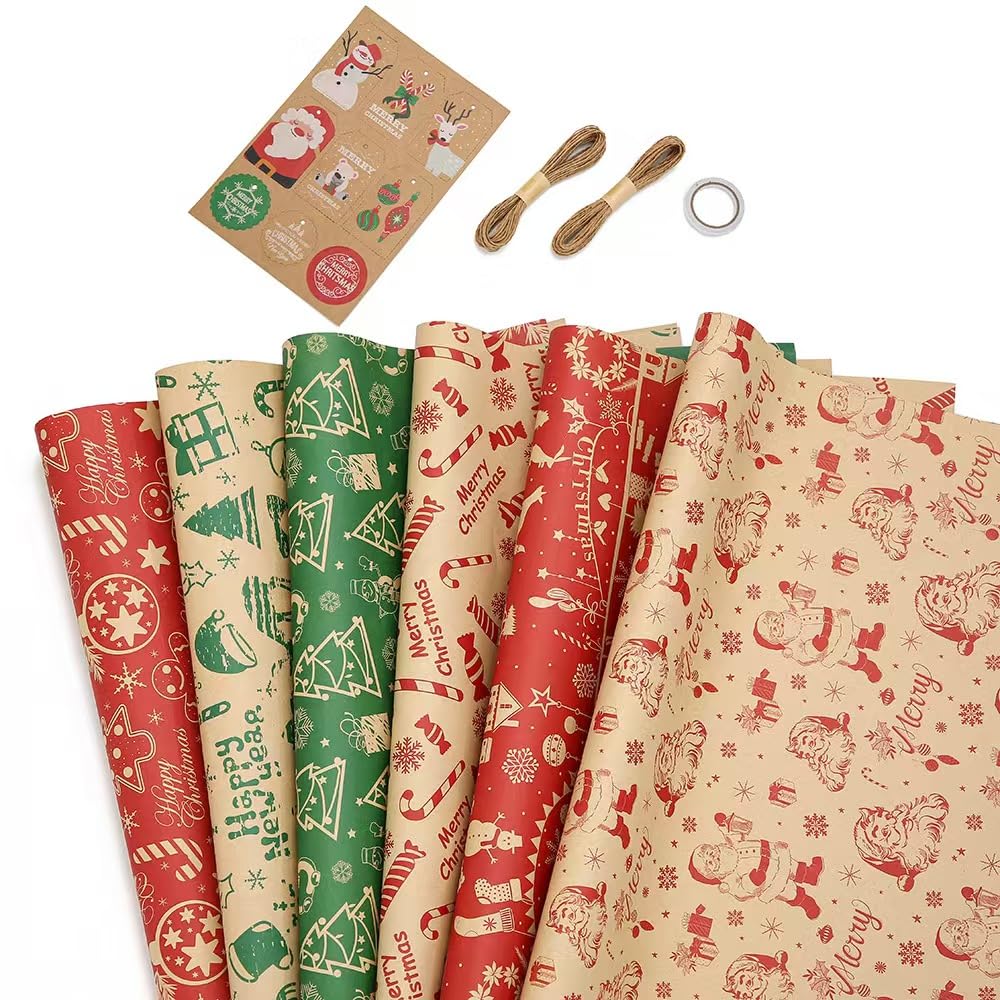 Christmas Wrapping Paper, 6 Pack Recycled Gift Wrapping Paper Set，Wrapping Kraft Paper for Families Friends Kids Valentines Christmas Party Decorations Elements 50 * 70cm