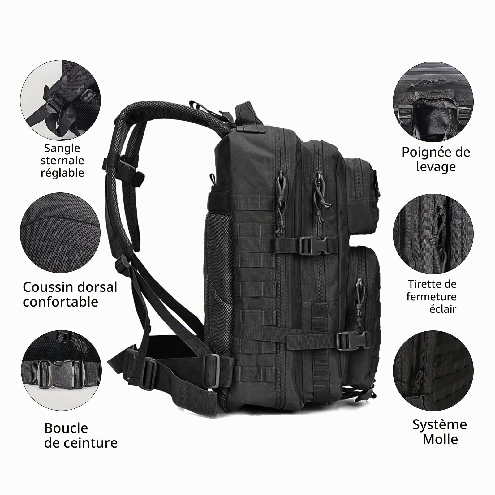 Oreunik Sac à dos Tactique Militaire 45L Sac à dos Molle Etanche Grand pack d'assaut pour le Trekking en Plein Air, le Camping, la Randonnée, etc.