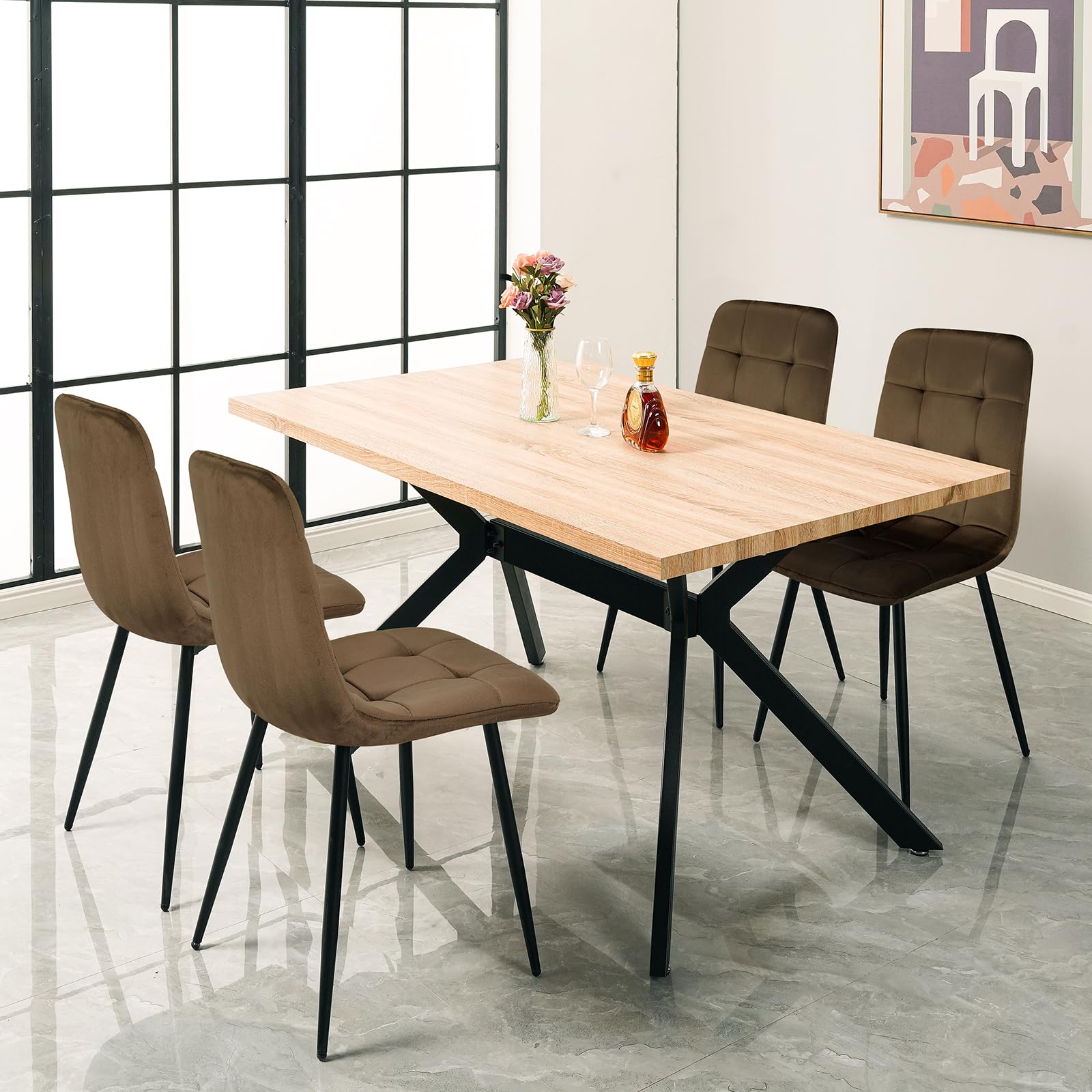 LEWE Essgruppe esstisch mit 4 stühlen Set, Rechteckig Küchentisch aus Holz(140x80x76cm) und 4er Set Braun Velours gepolsterte Esszimmerstühle Sitzgruppe für Wohnzimmer Küche Büro