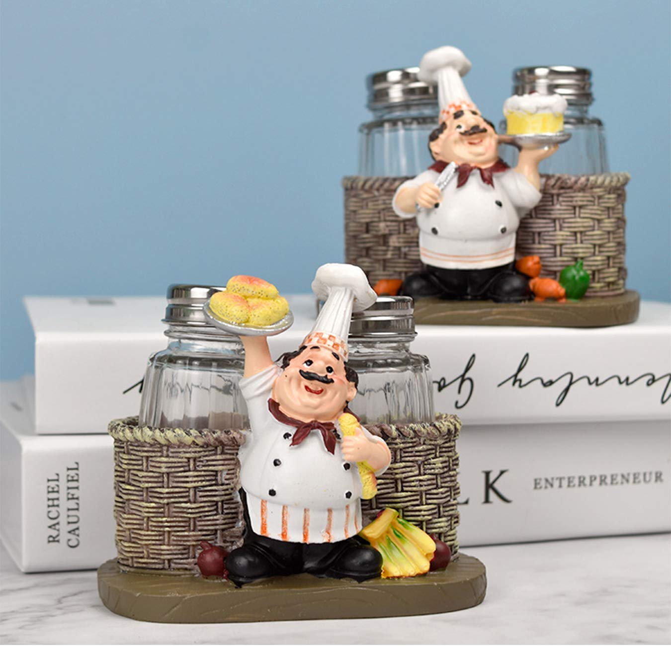 Juego de salero y pimentero, organizador de especias decorativo de chef sentado, tarros de especias de cristal con soporte para la familia, cocina, restaurante, cafetería, panadería