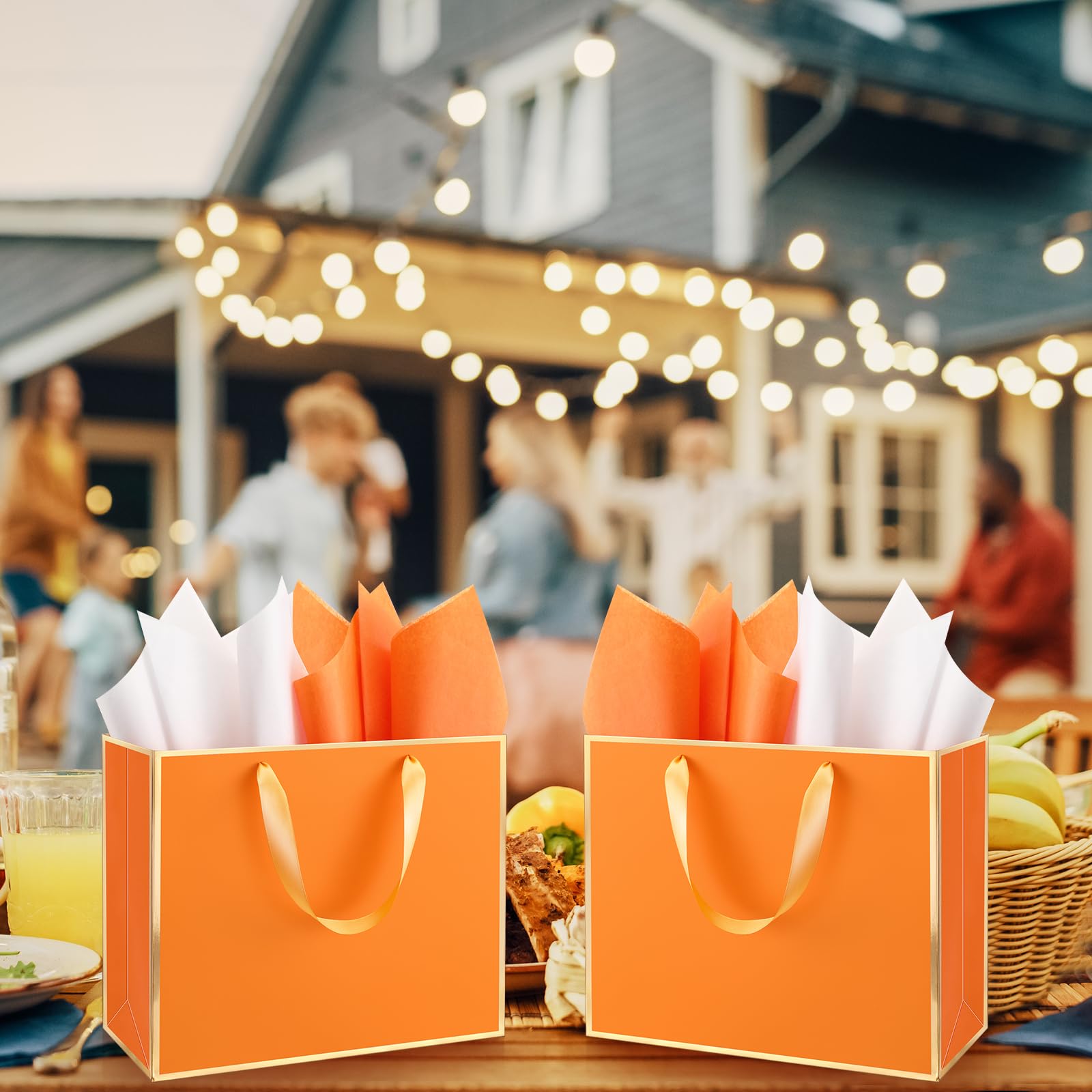 ReliThick 12 Pack Metallic Paper Gift Bag with Handles and Tissue Paper 11.8 x 10 x 4'' Thank You Favor Bag for Graduation Mother's Day Wedding Bridesmaid Groomsman 5 Senses Gifts (Orange,Gold)