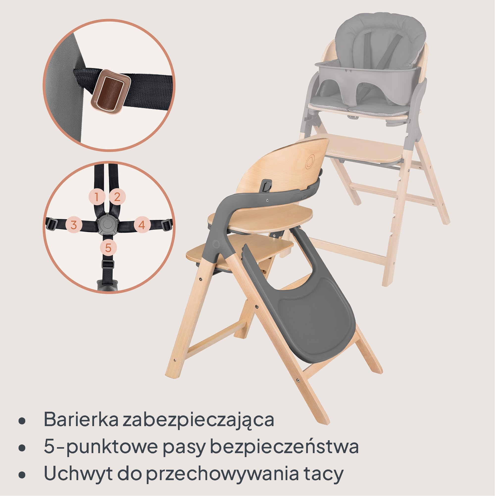 LIONELO Drewniane Krzesełko do Karmienia Megan, Rośnie z Dzieckiem od 6 miesięcy do 110 kg, Regulowany Podnóżek, 5-Punktowe Pasy, Poduszka na Siedzisko, Łatwe Czyszczenie