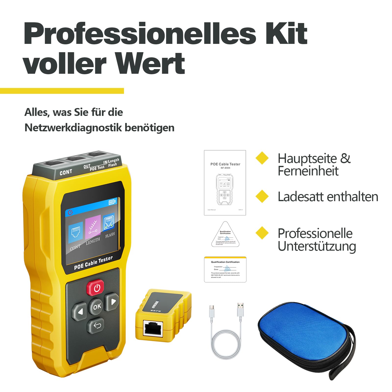 PoE-Kabeltester NF-8504, IEEE 802.3af/at/bt Kompatibel, 2,4" Farbdisplay & 2000-mAh-Akku