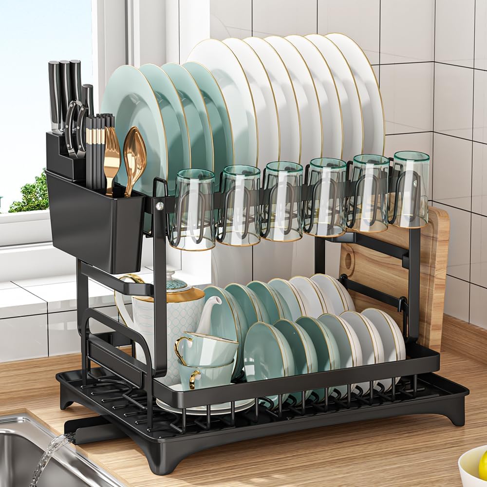 YOMYM Draining Rack, Multifunctional Dish Rack, Rustproof Kitchen Dish Drying Rack with Drainboard, Space-Saving 2-Tier Dish Drying Rack with a Large Capacity for Kitchen Counter Black