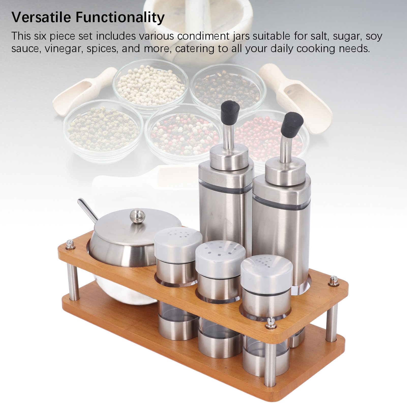 Juego de Dispensadores de Condimentos de Cocina, Juego de Botellas Dispensadoras de Vinagre y Aceite de Acero Inoxidable 304 con Base de Madera, Almacenamiento de 6 Piezas de Sal, Azúcar