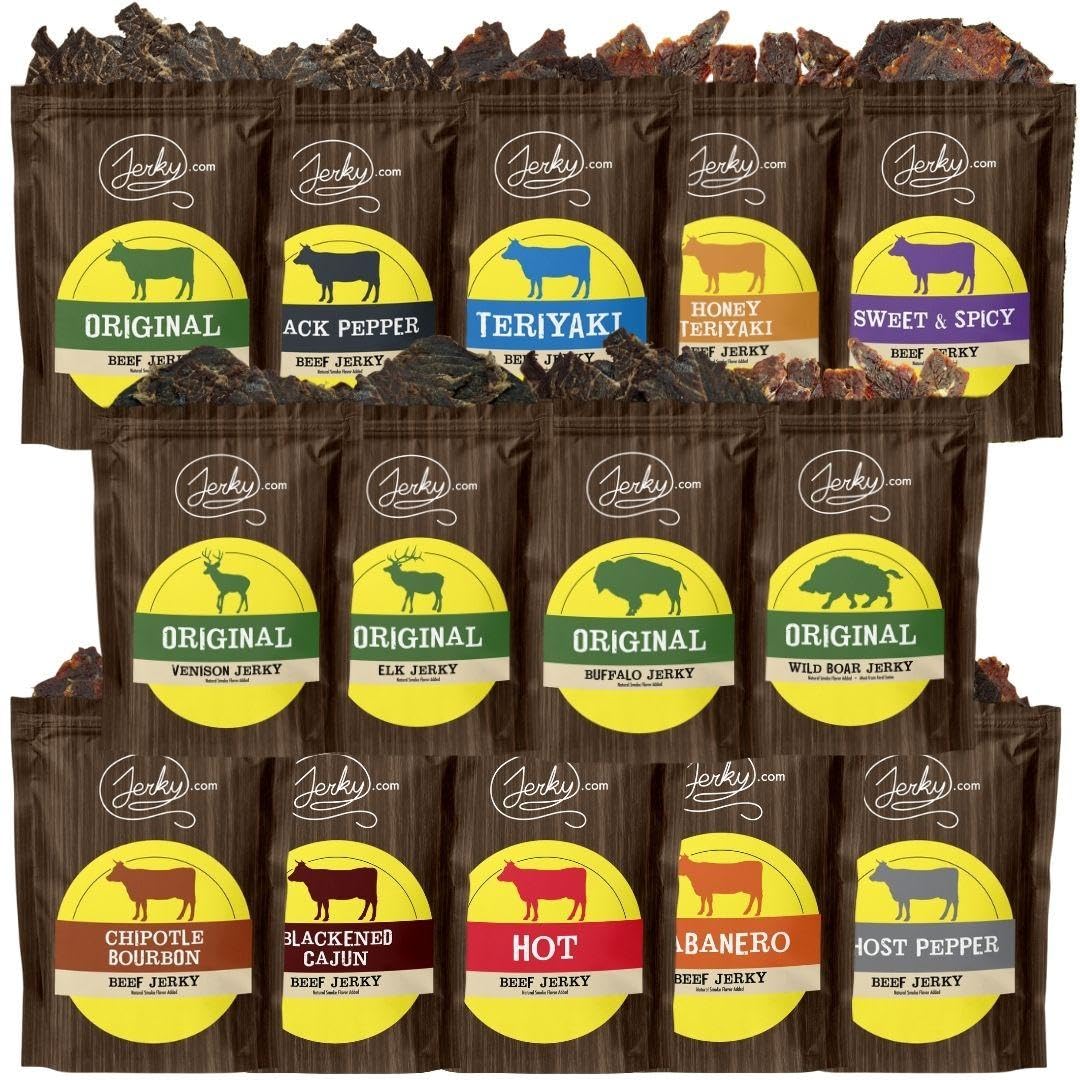 Jerky.com Beef Jerky Variety Pack | Gluten Free Beef Jerky Snack Packs for Adults | Made with Premium Meats | High Protein, Keto-Friendly Jerky Assortment | Gifts for Men (Pack of 14 bags)